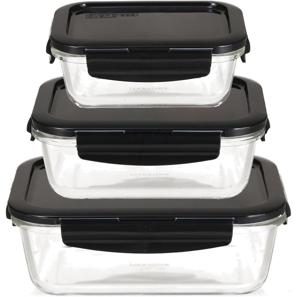 LocknLock Vorratsdose Glas Frischhaltedosen 3er Set 160 ml, 380 ml, 630 ml, Ofenform mit Deckel, mikrowellengeeignet, auslaufsicher