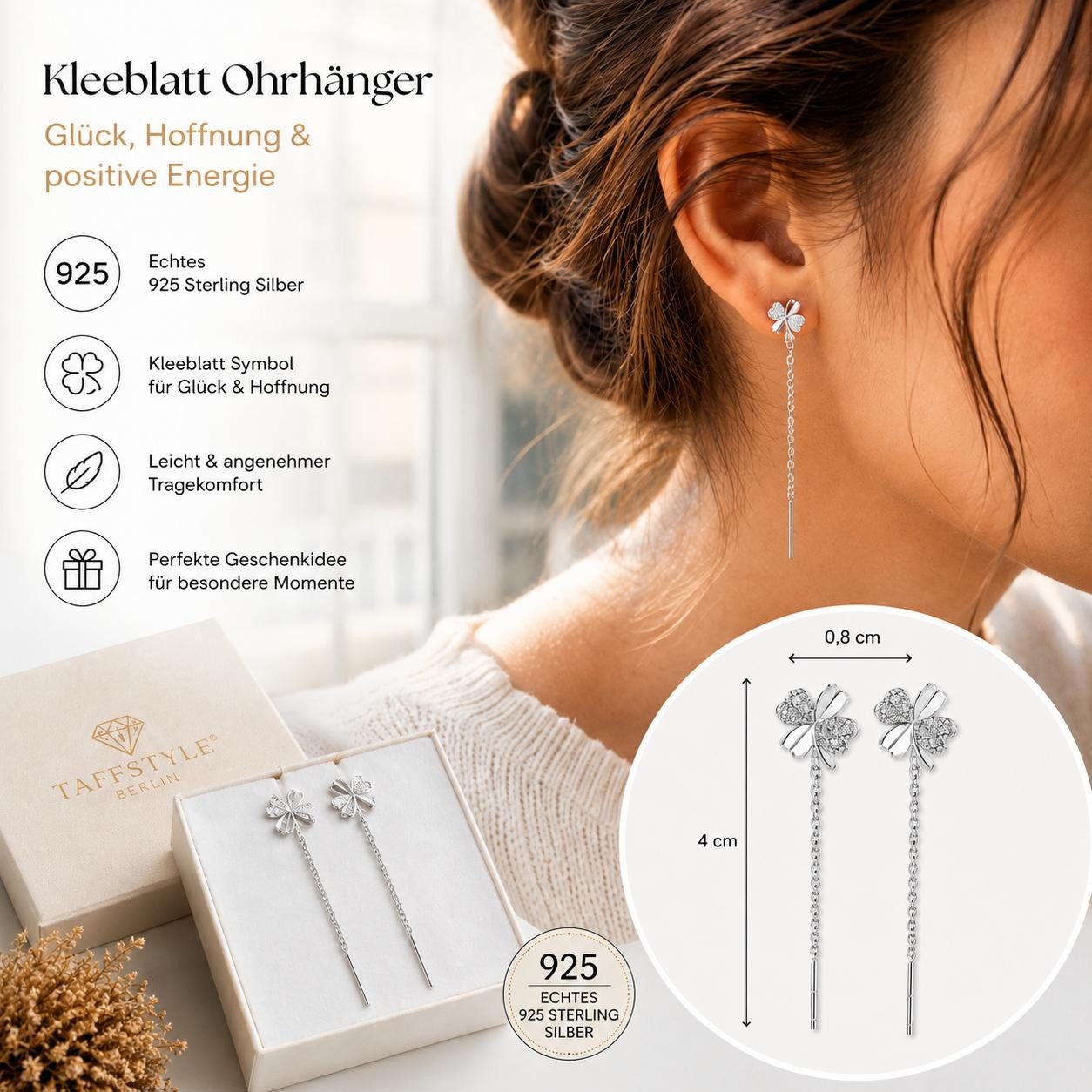 Taffstyle Ohrhänger-Set Kleeblatt Damen Ohrhänger 925 Sterling Silber mit Kette Glücksbringer (Glücksohrringe mit funkelndem Kleeblattdesign und feiner Gliederkette - Geschenkidee)