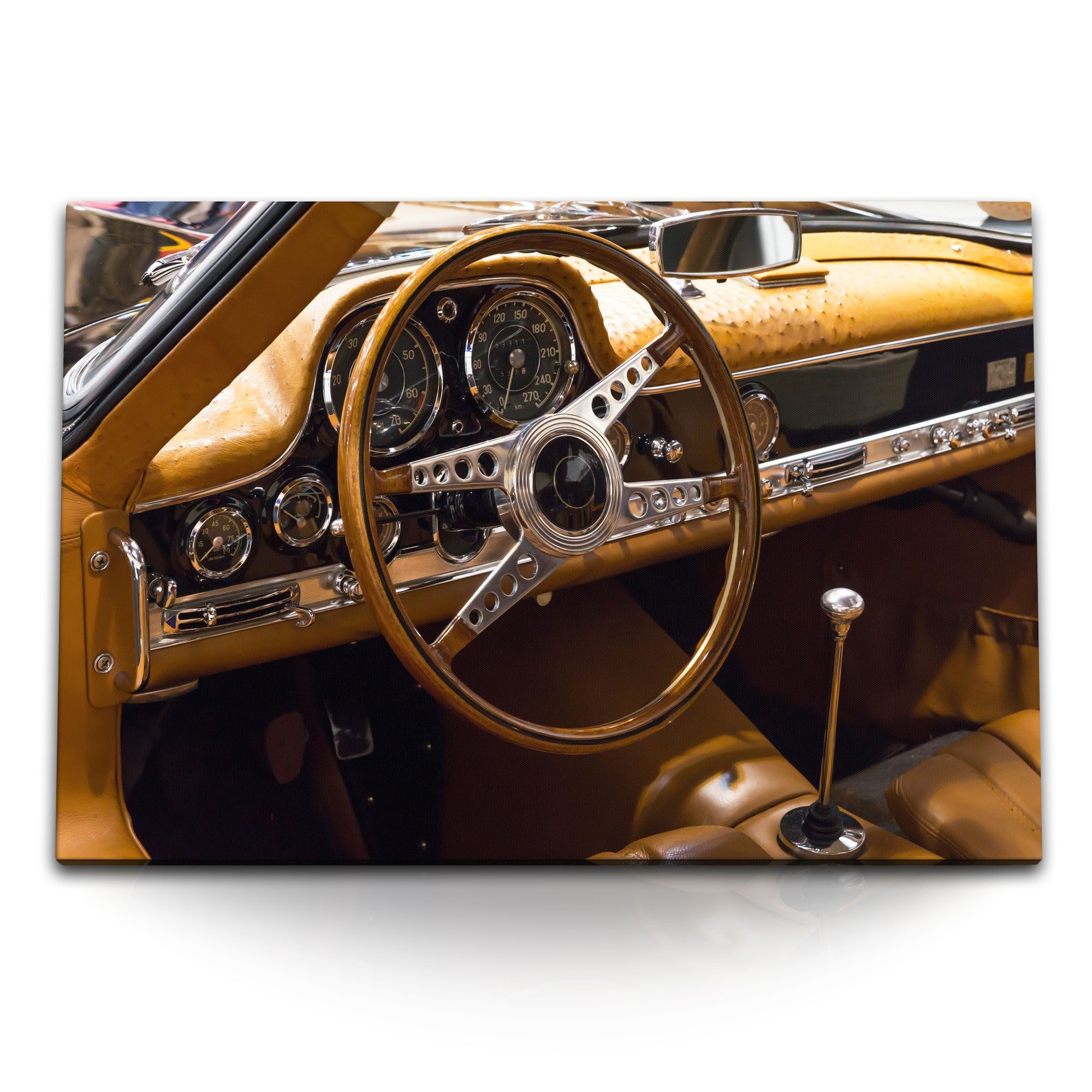 Sinus Art Leinwandbild 120x80cm Wandbild auf Leinwand Oldtimer Auto Holzlenker klassisches Am, (1 St)