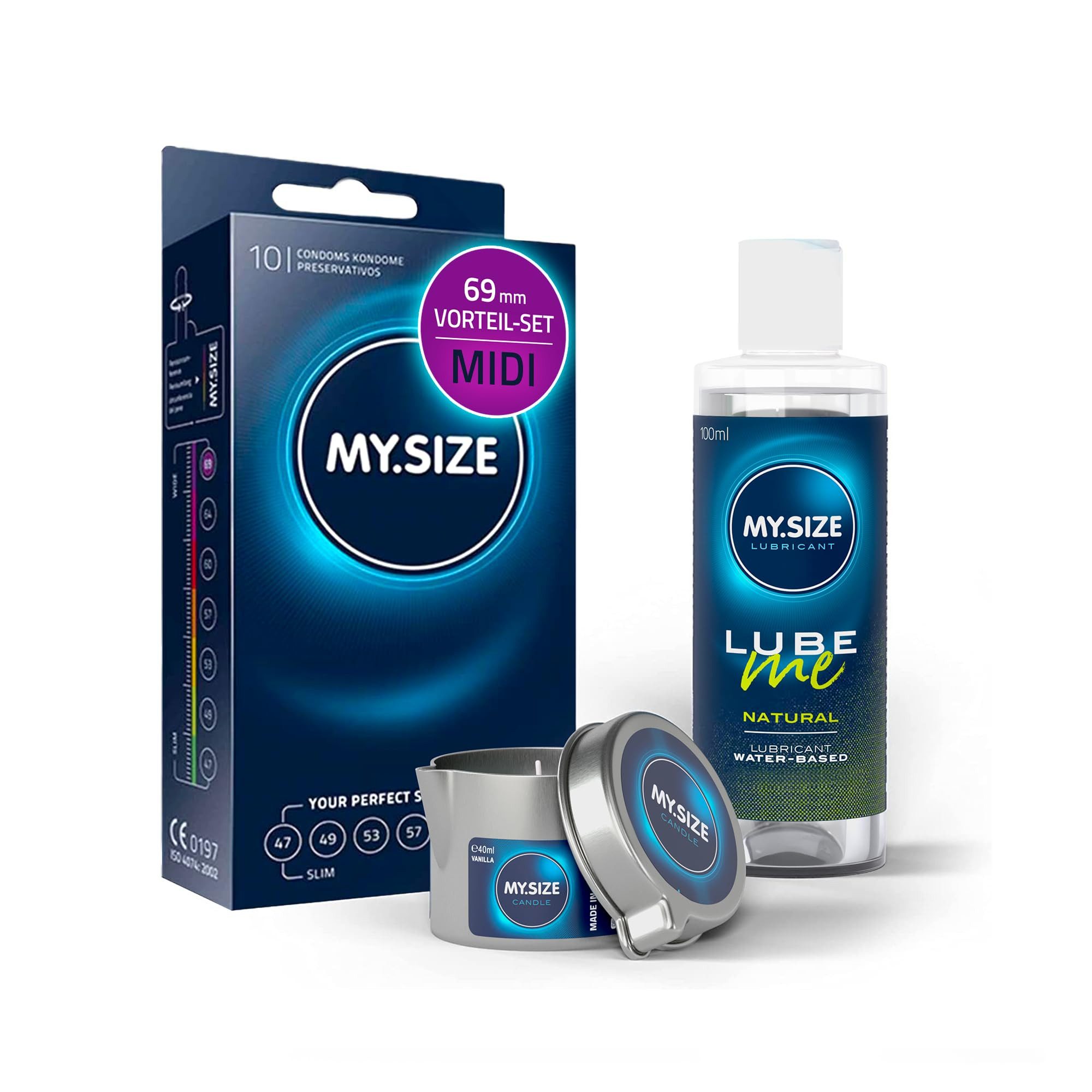 MY.SIZE Kondome MY.SIZE Vorteilspack Set, 10 Kondome + 100 ml MY.SIZE Natural Gleitgel + Massagekerze
