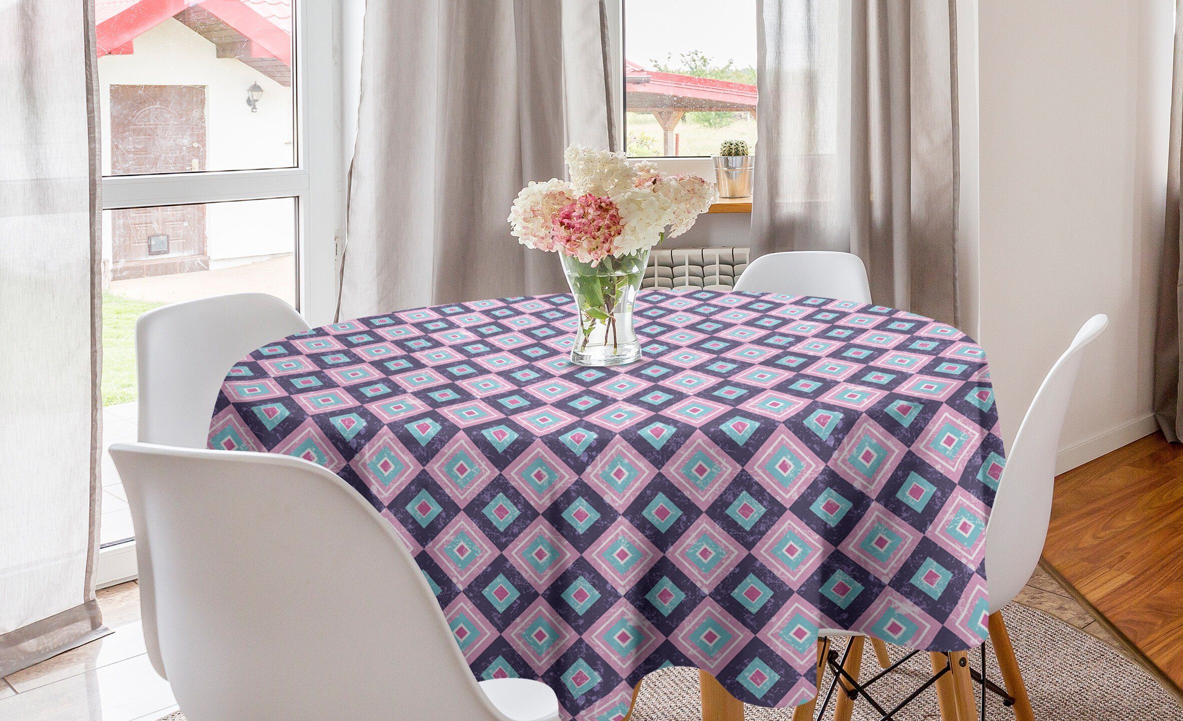 Abakuhaus Tischdecke Kreis Tischdecke Abdeckung für Esszimmer Küche Dekoration, Abstrakt Grungy Quadrat-Muster | Tischdecken