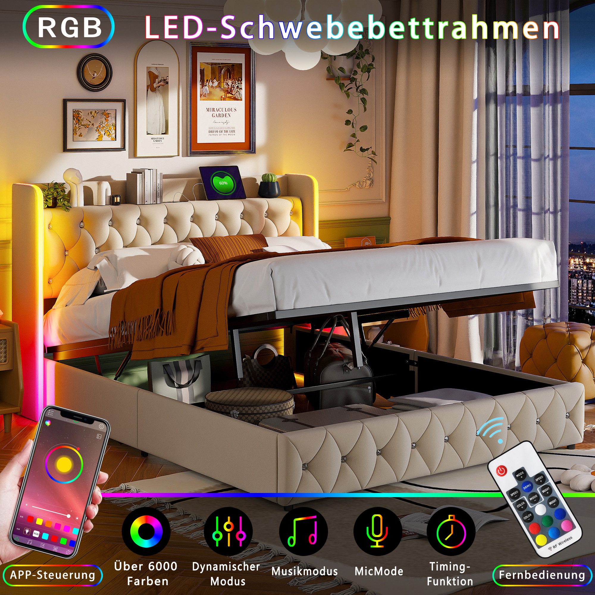 FUROKOY Polsterbett Doppelbett Stauraumbett Hydraulisch anhebbarer günstig online kaufen
