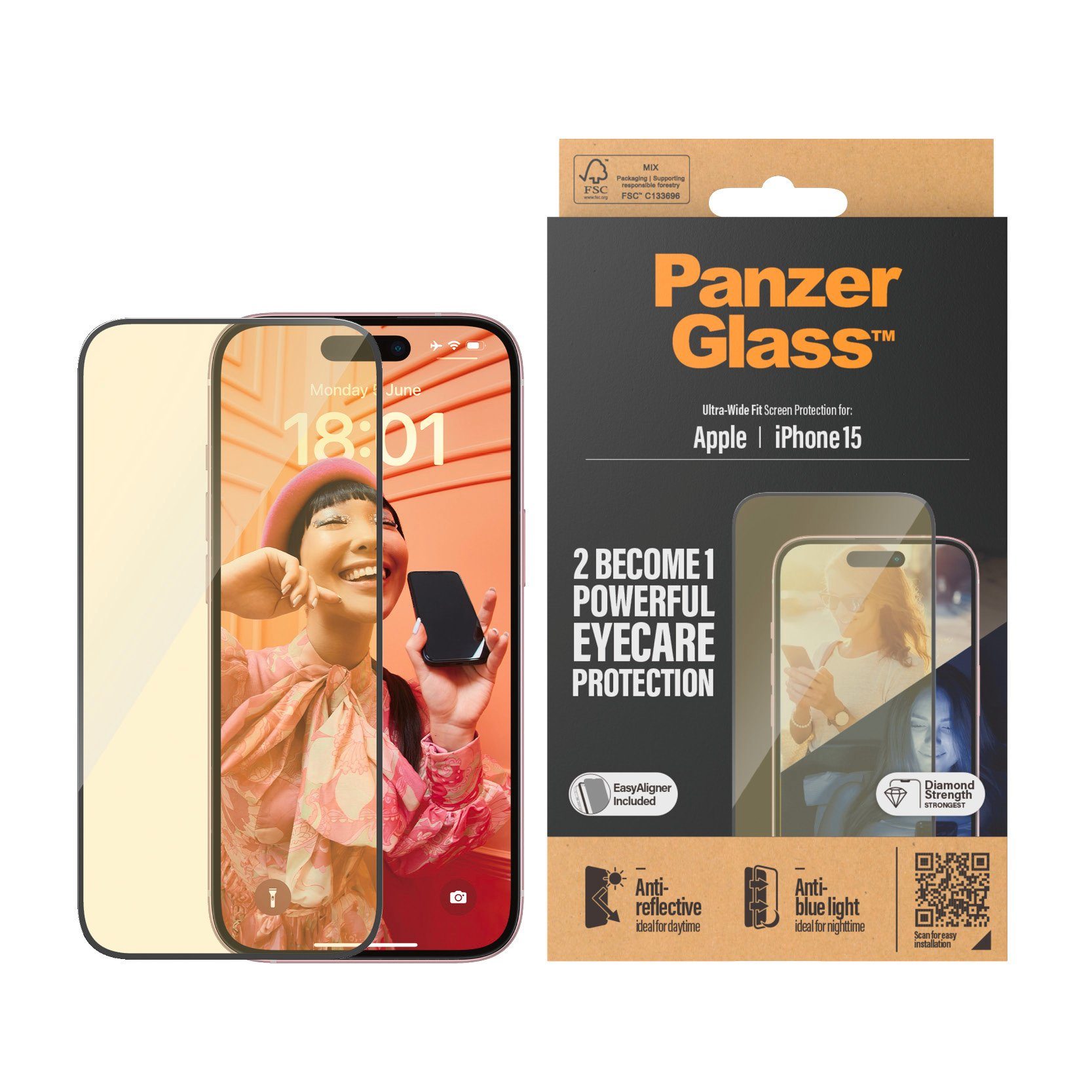 PanzerGlass Displayschutzglas Eyecare Screen Protector für iPhone 15, Ultra Wide Fit