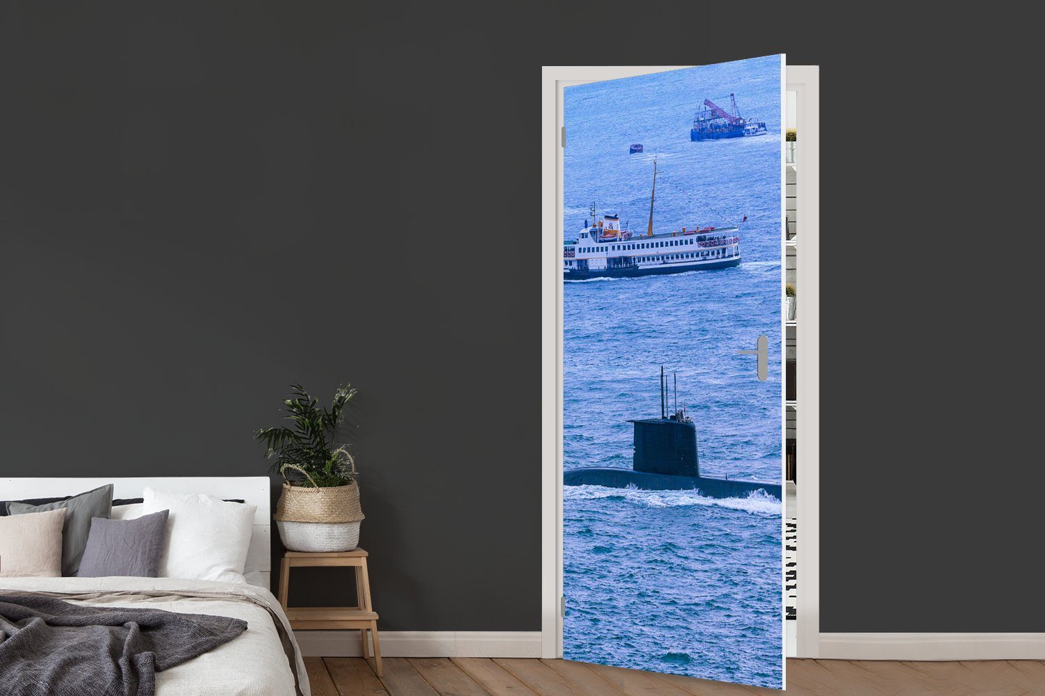 Ein für Matt, Tür, U-Boot bedruckt, MuchoWow cm 75x205 auf Türtapete Türaufkleber, Fototapete St), See, (1