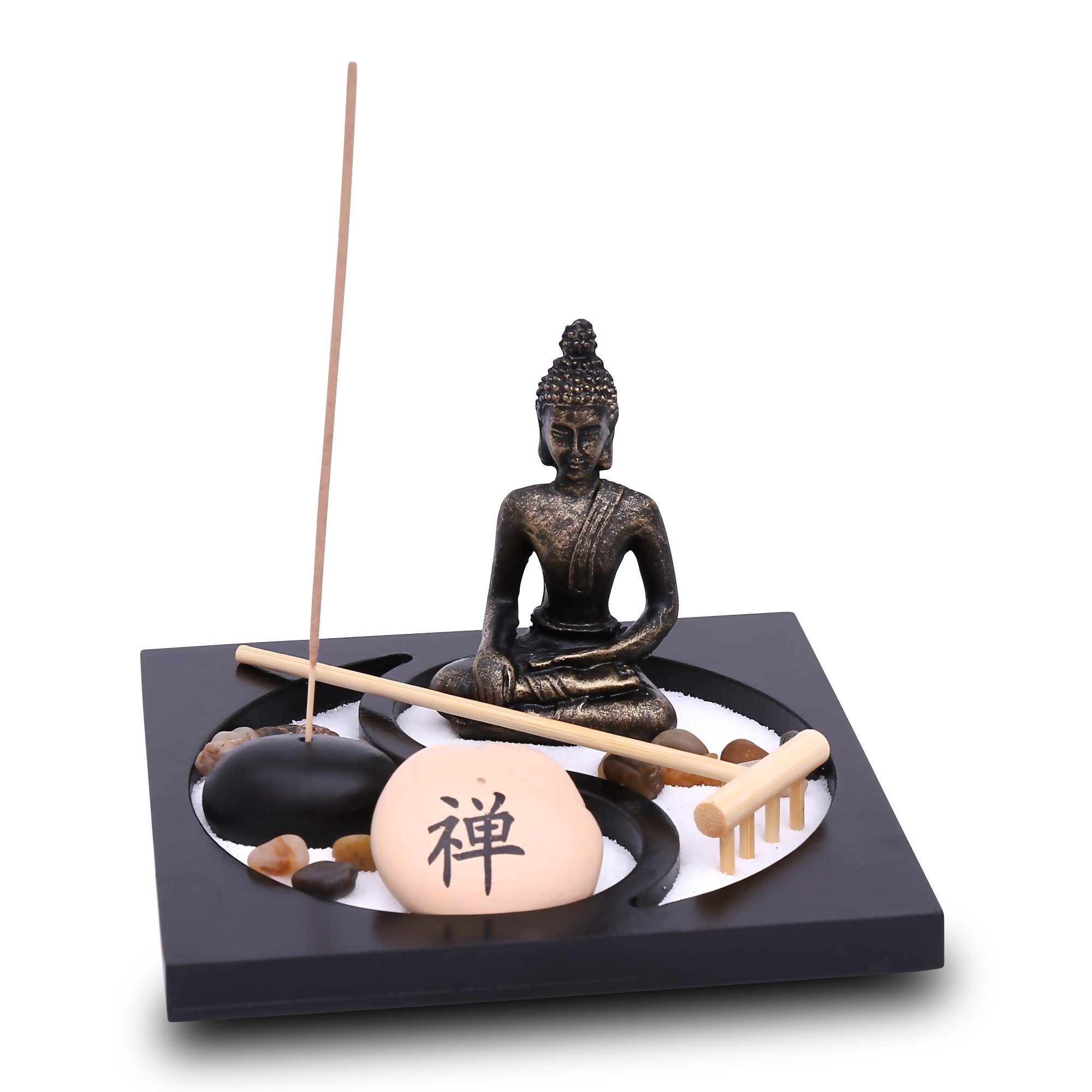 Flanacom Buddhafigur Zen Garten Buddha Figur - Räucherstäbchenhalter (Set, Buddha Statue, 3 Räucherstäbchen, Sand, Harke, Glückssteine), Naturholz Esotherik Set