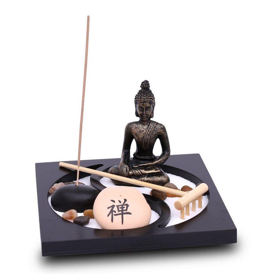 Flanacom Buddhafigur Zen Garten Buddha Figur - Räucherstäbchenhalter (Set,  Buddha Statue, 3 Räucherstäbchen, Sand, Harke, Glückssteine), Naturholz  Esotherik Set, aus langlebigem Naturholz mit eleganter schwarzer Struktur