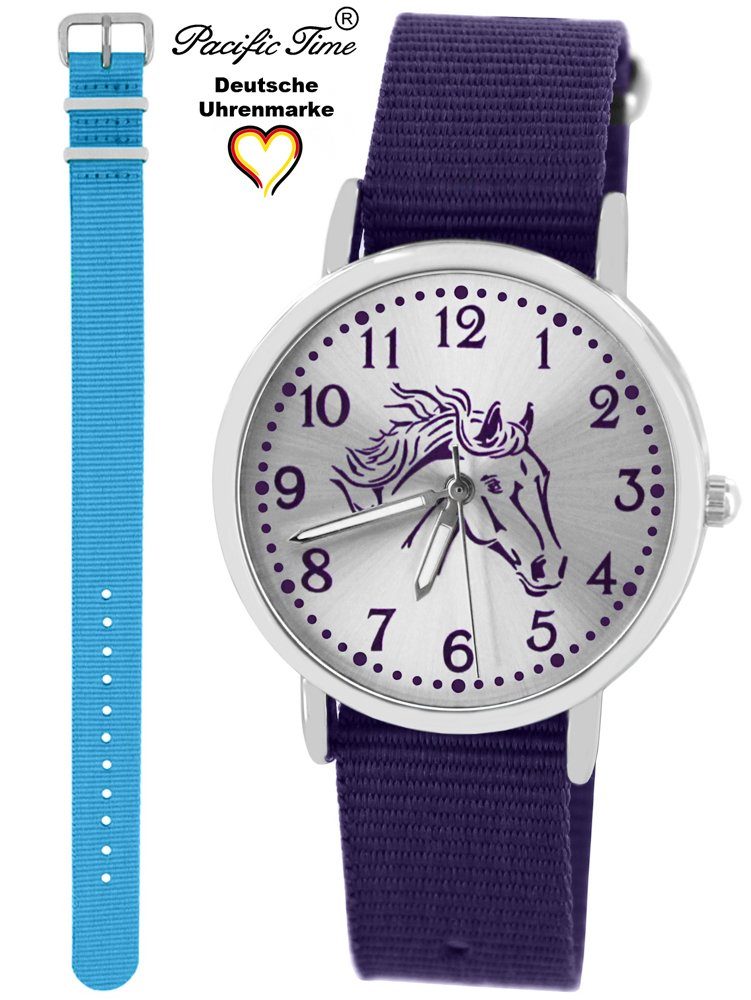 Pacific Time Quarzuhr Set Kinder Match - Armbanduhr Mix Gratis violett Pferd und hellblau Wechselarmband, violett und Design Versand