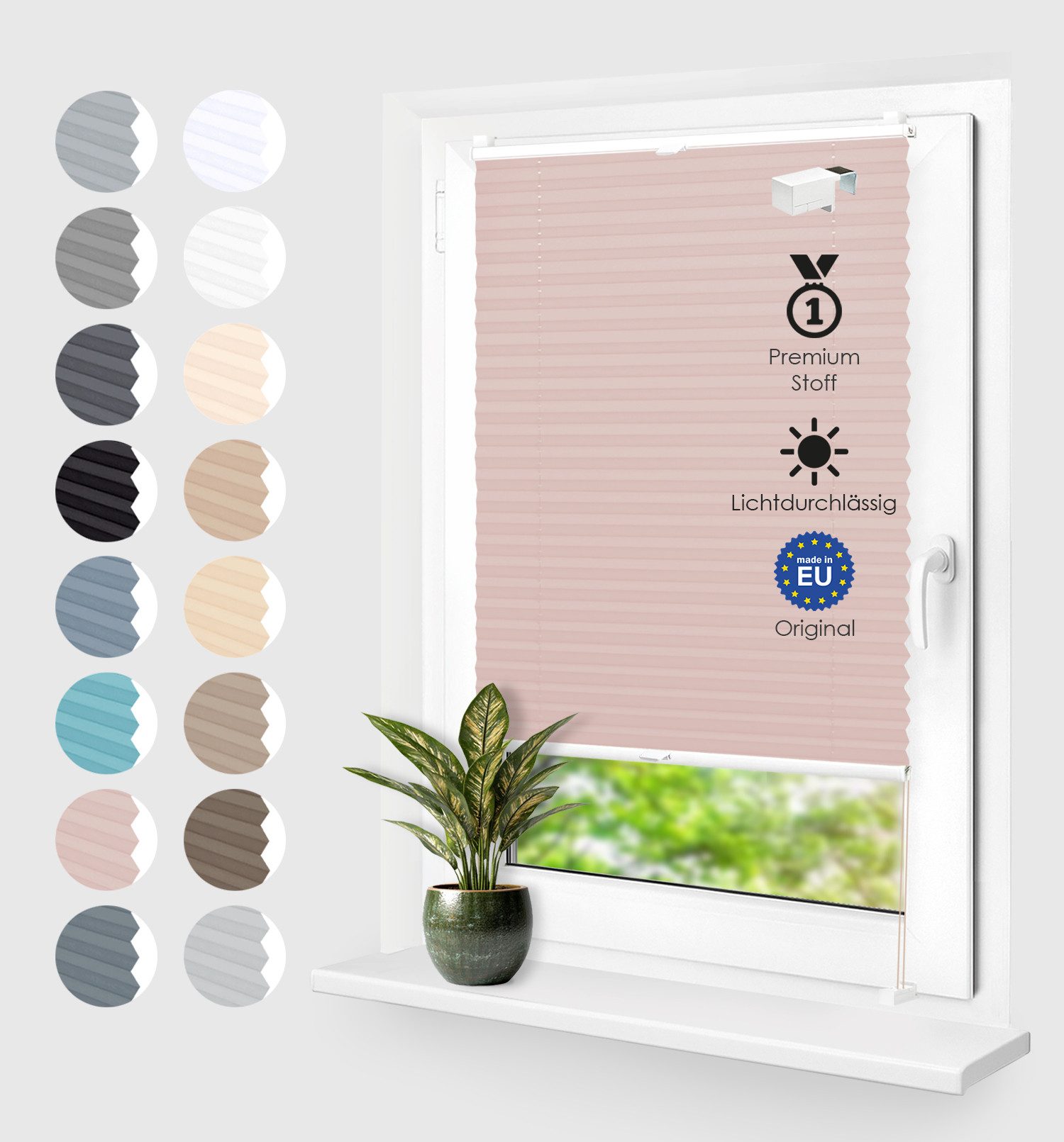 Rikmani Plissee Klemmfix ohne Bohren Rosé 40x100 cm, blickdicht, Klemmfix, Sichtschutz, Sonnenschutz, einfache Montage, Stufenlos verstellbar