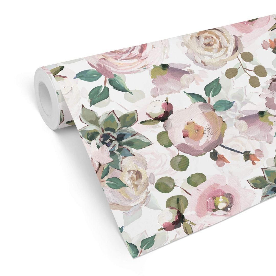K&L Wall Art Mustertapete Vintage Blumentapete Florale Vliestapete Rosentapete, Botanische Motivtapete groß, Moderne Vlies-Fototapete für Wohnzimmer und Büro, made in Berlin