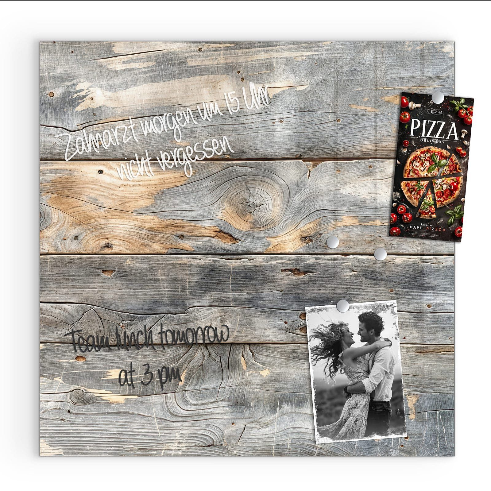 Primedeco Magnettafel Glas Vintage Holzplanken Pinnwand Whiteboard beschreibbar, (Inklusive Stift, Magnete und Montagematerial, 1-tlg., 9 verschiedene Größen), Magnetisch und Beschreibbar