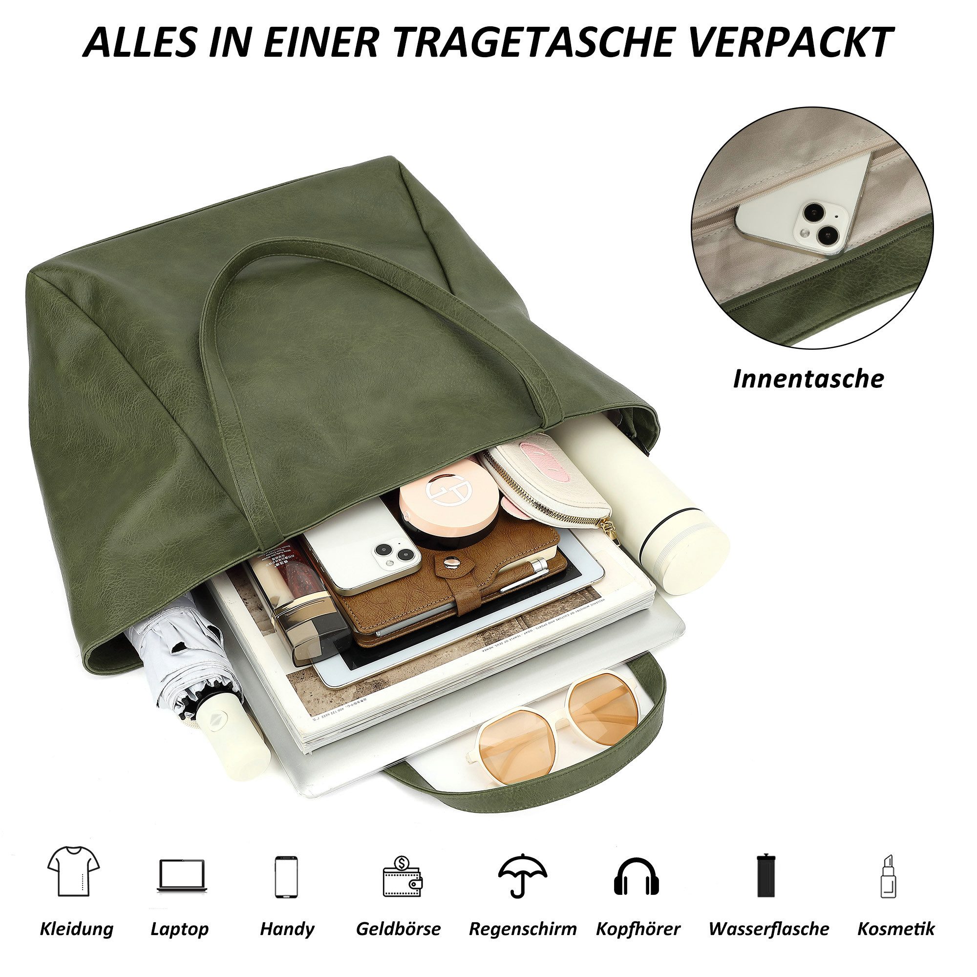 TAN.TOMI Schultertasche Umhängetasche Shopper Bag mit Reißverschluss, Mit Innentaschen, dekorative Anhänger für Arbeit Einkauf Reisen – Bild 3 von 5