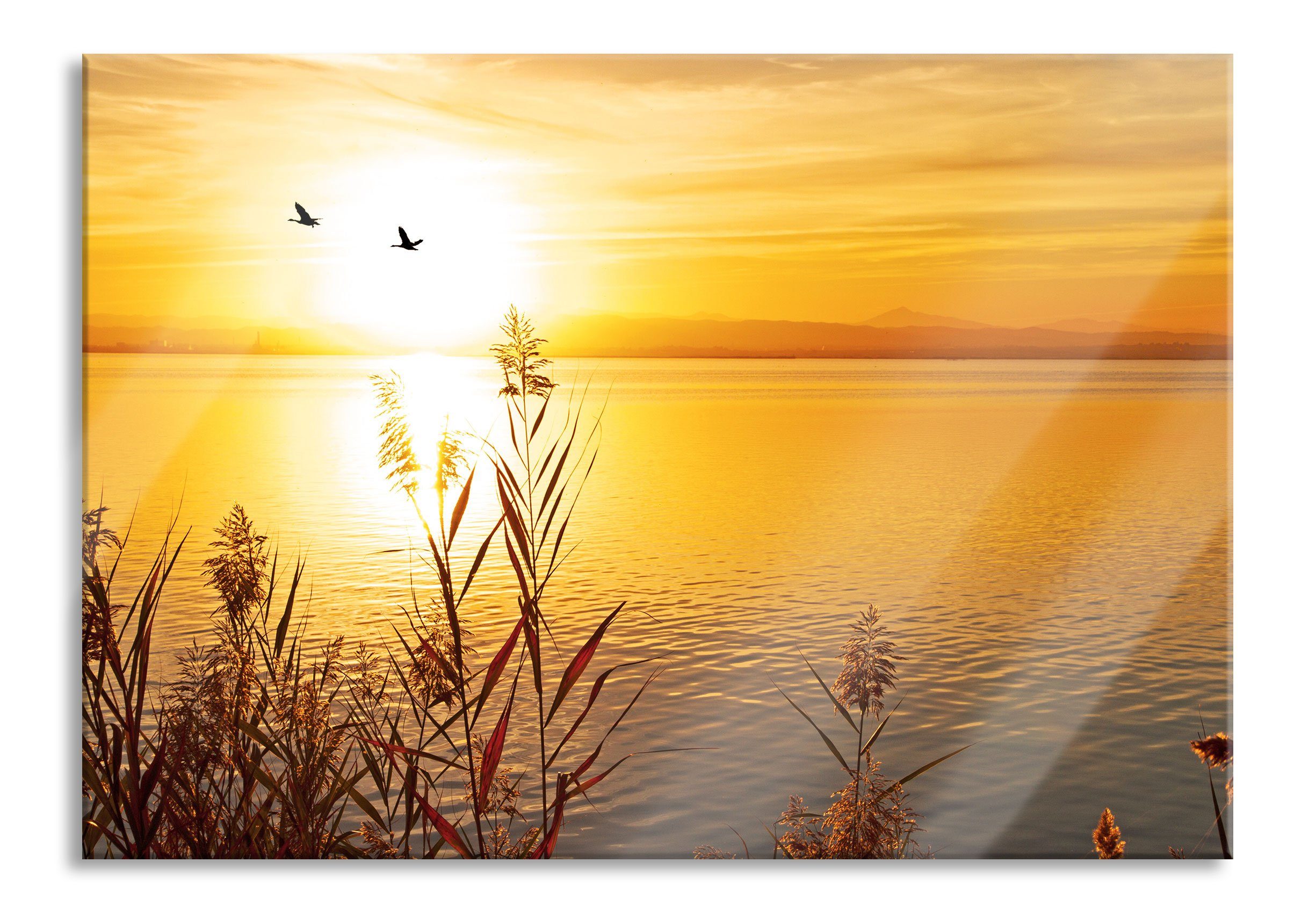 Glasbild am Aufhängungen inkl. aus (1 Echtglas, Sonnenuntergang Sonnenuntergang St), und See, Pixxprint Abstandshalter am Glasbild See