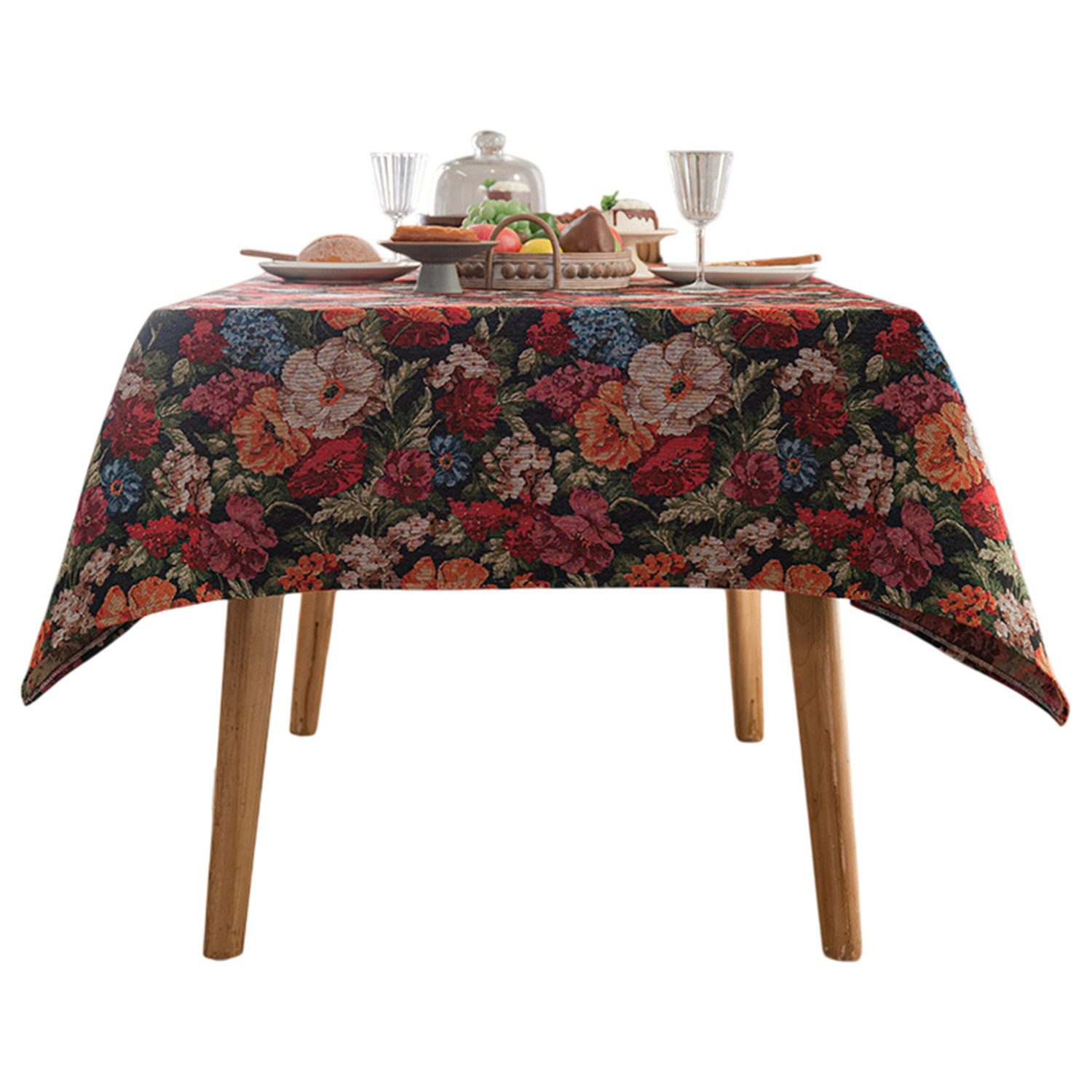 Tischdecke Jacquard Tischdecke Vintage Blumenmuster, Leinenstruktur