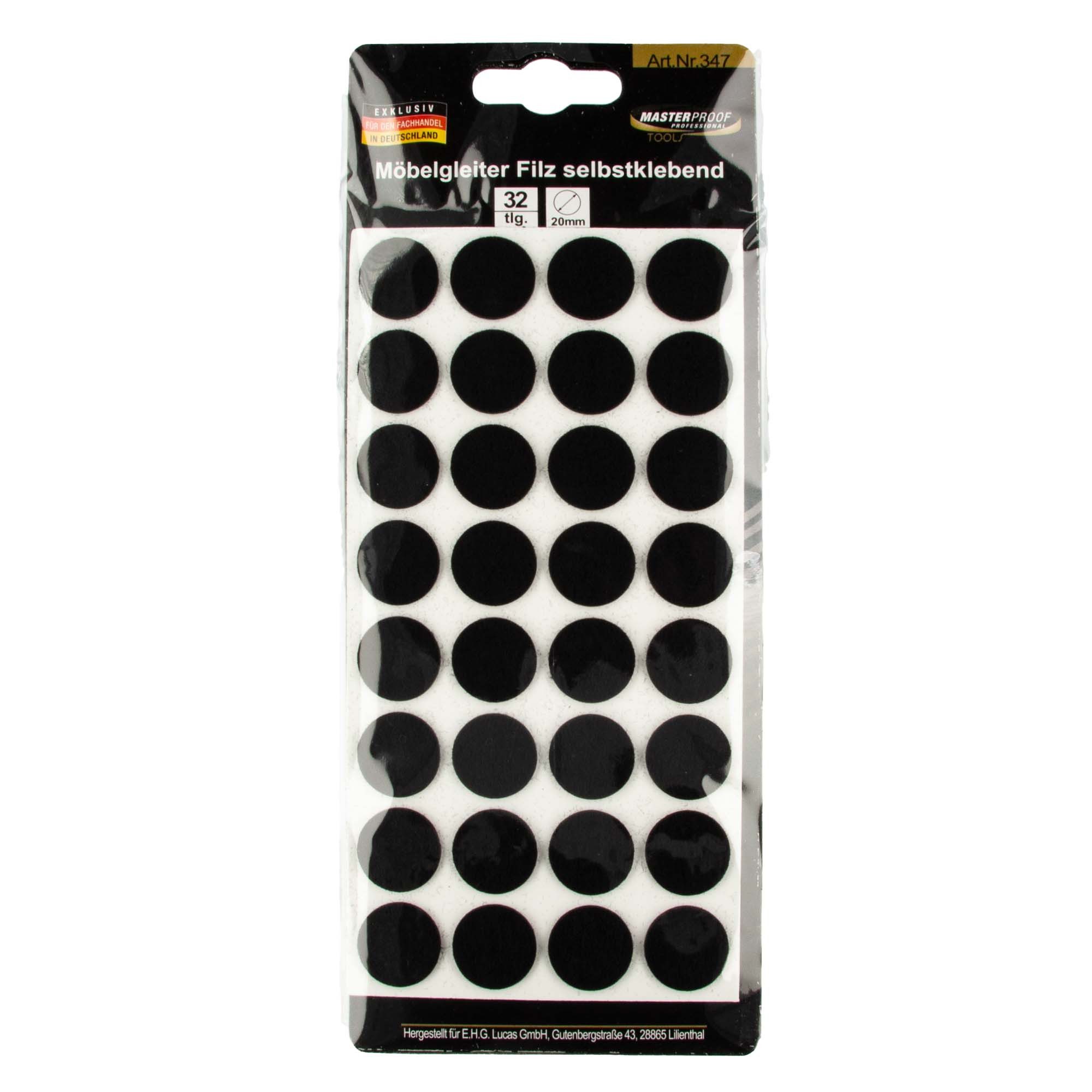 MASTERPROOF PROFESIONAL Filzgleiter Möbelgleiter Ø 20 mm, Filz schwarz, selbstklebend 32 Stück