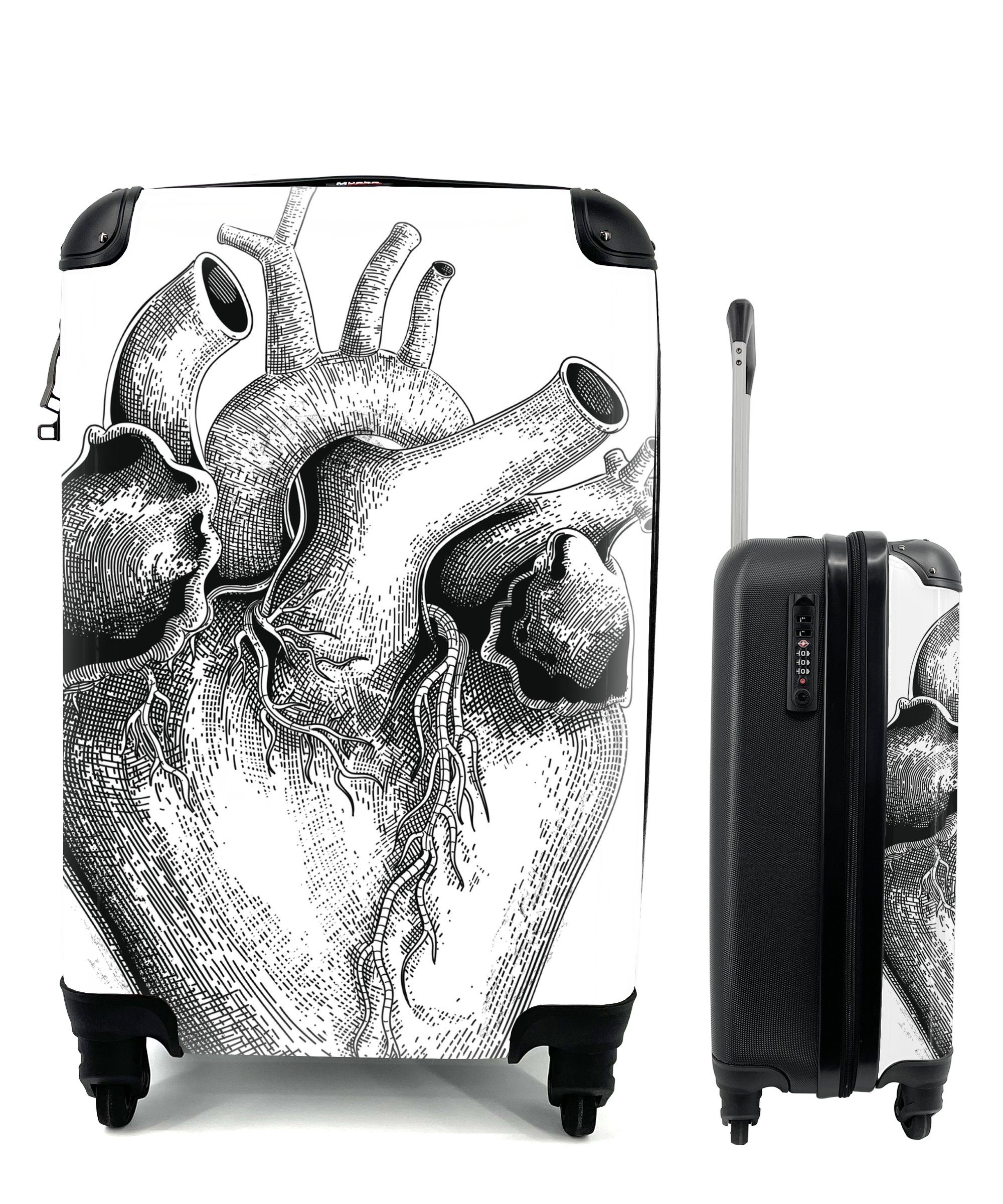MuchoWow Handgepäckkoffer Eine Schwarz-Weiß-Illustration Ferien, 4 Reisetasche Rollen, Herzens, für eines Handgepäck mit rollen, Reisekoffer Trolley