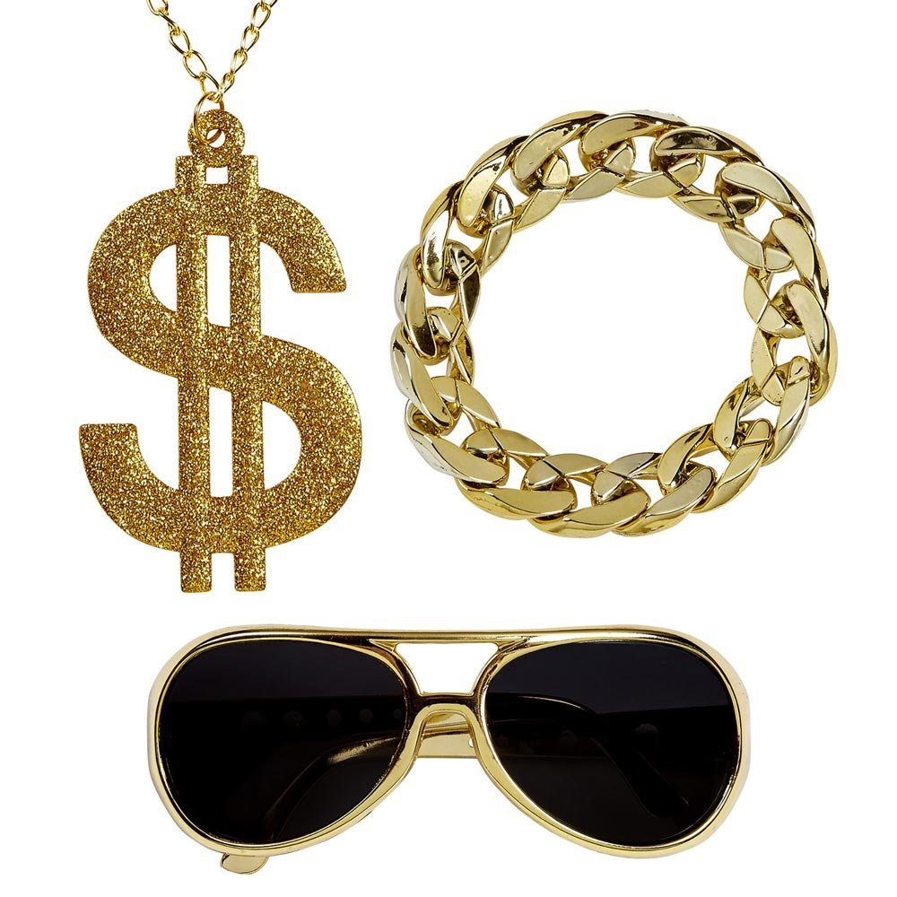 Kostüm Pimp Kostümset, Dollar Kette, Armband, Brille