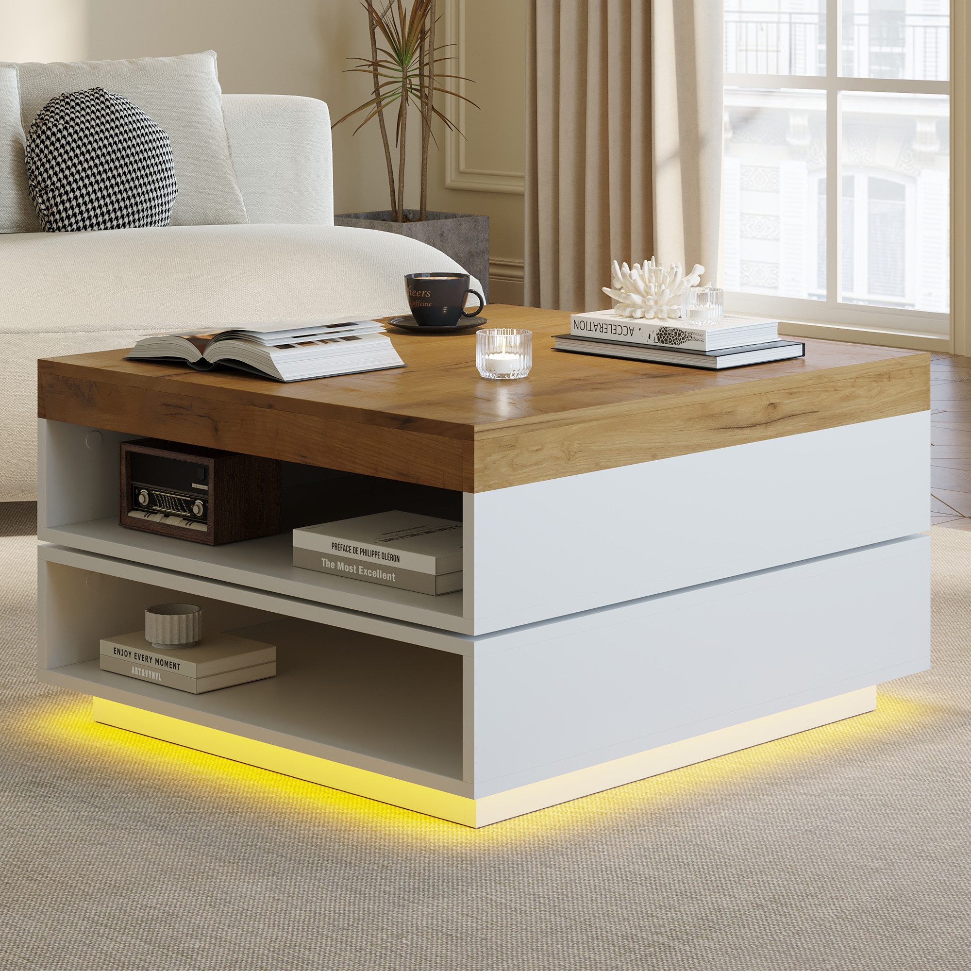 REDOM Couchtisch Quadratischer Couchtisch (65x65x40 cm) mit 360° Drehplatte & LED (Packung, 1-St., Ideal auch für kleine Räume als vielseitiger Beistelltisch), In Weiß/Holzton, mit praktischem Freilagerbereich