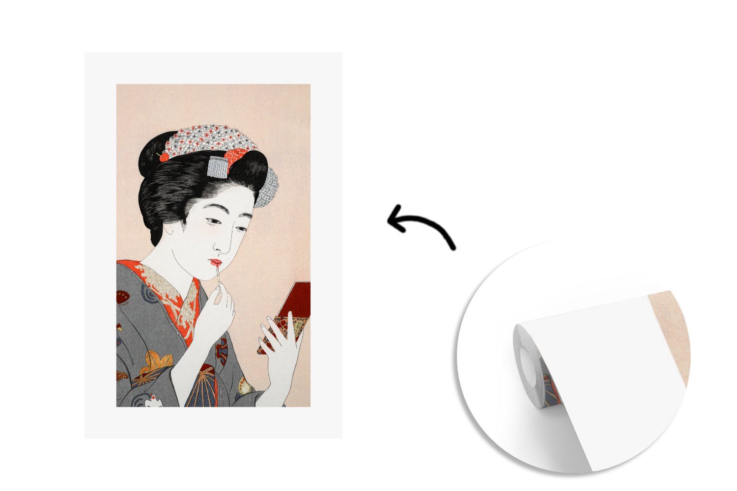 (3 Schminken Wandtapete Japan - Frau für Tapete Kimono Matt, Montagefertig - MuchoWow bedruckt, St), Vinyl Wohnzimmer, Vintage, Fototapete - -