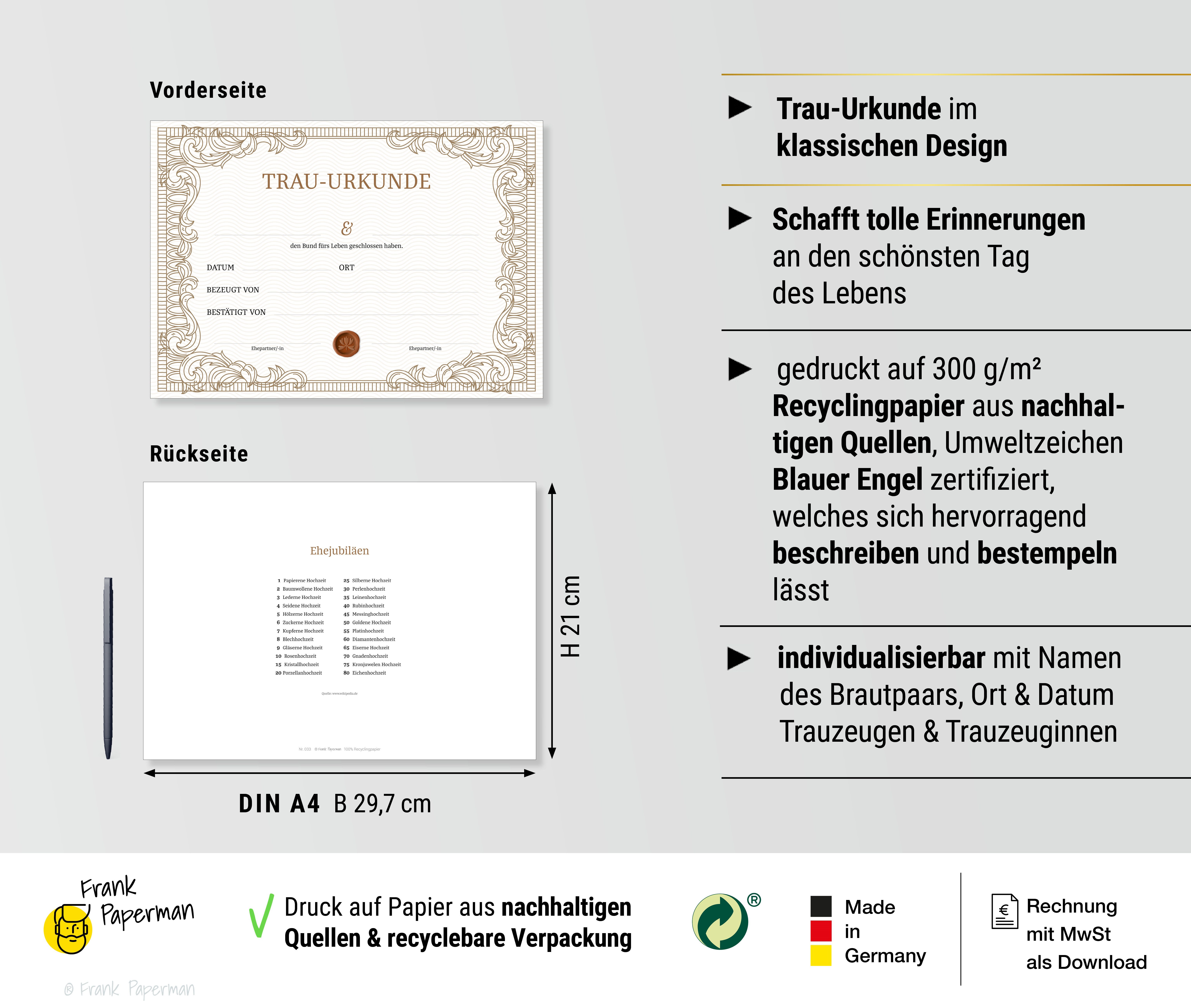 Frank Paperman Hochzeitskarte Urkunde Eheschließung, Urkunde Trauzeuge, klassisches Design, orginelle Hochzeitsgeschenke, Vordruck im DIN-A4-Format, Standesamt
