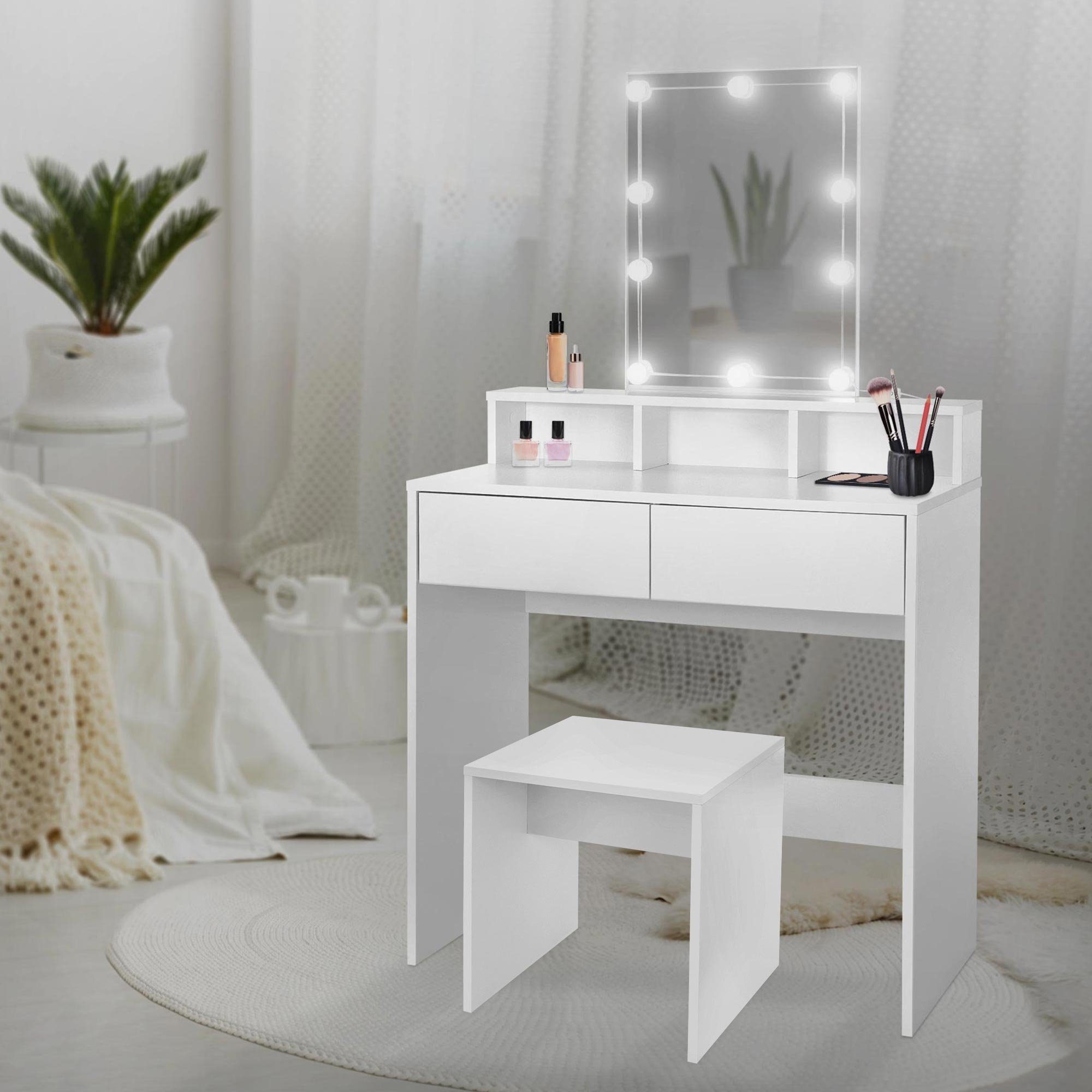 ML-DESIGN Schminktisch Frisierkommode aus MDF Holz mit Spiegel Make-up Tisch, Kosmetiktisch Weiß mit LED Beleuchtung + Hocker Schminkkommode