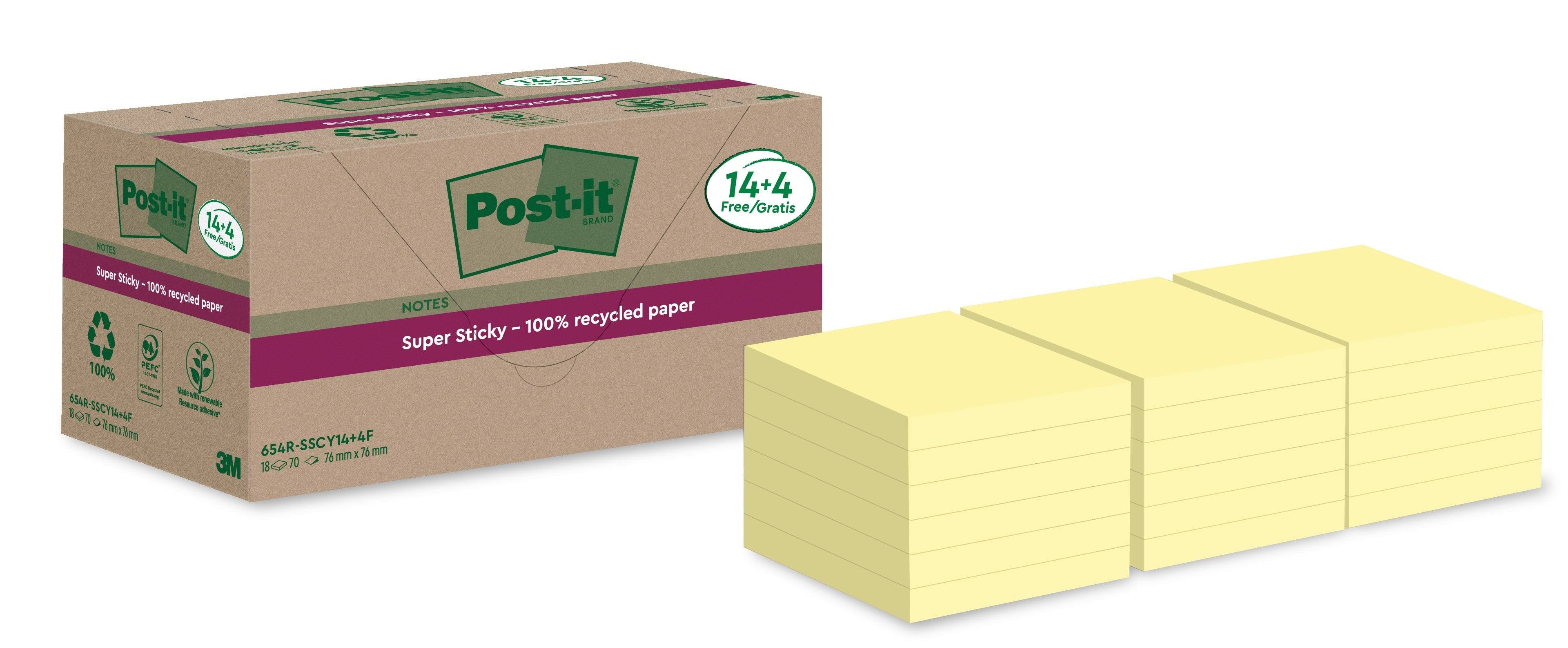 Post-it® Haftnotizblock Post-it® Super Sticky Recycling Notes Haftnotizen extrastark gelb 18