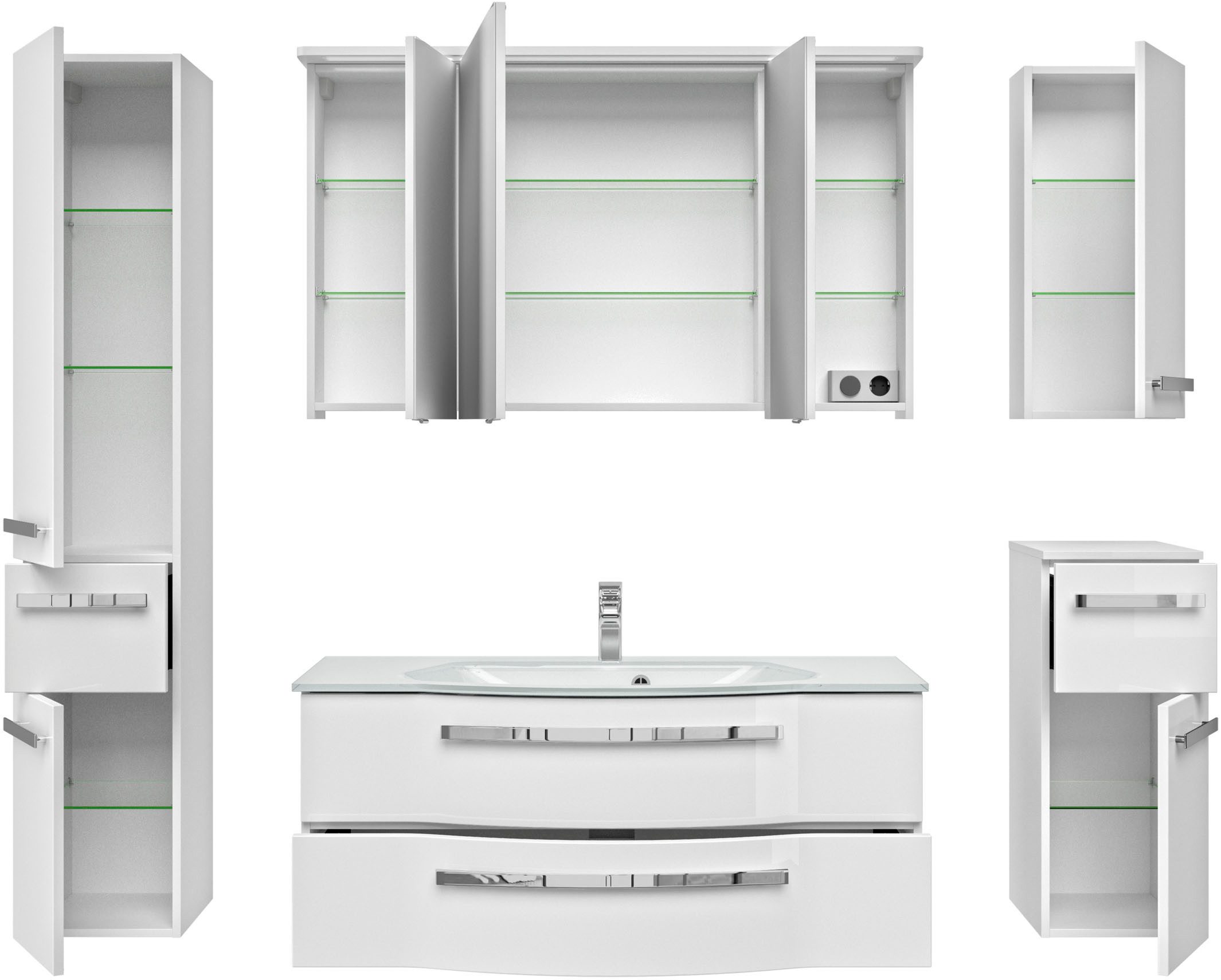 Saphir Badmöbel-Set Serie 4005, vormontiert, Glaswaschbecken, Spiegelschrank, (Set, 6-St), Badezimmer-Set mit Unterschrank, Hängeschrank, Hochschrank, Türdämpfer