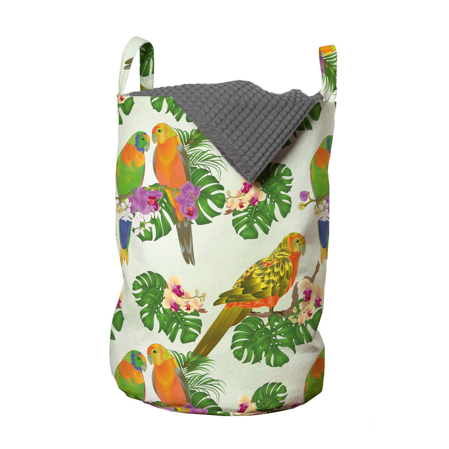 Abakuhaus Wäschesäckchen Wäschekorb mit Griffen Kordelzugverschluss für Waschsalons, Exotisch Vivid Floral Papageien