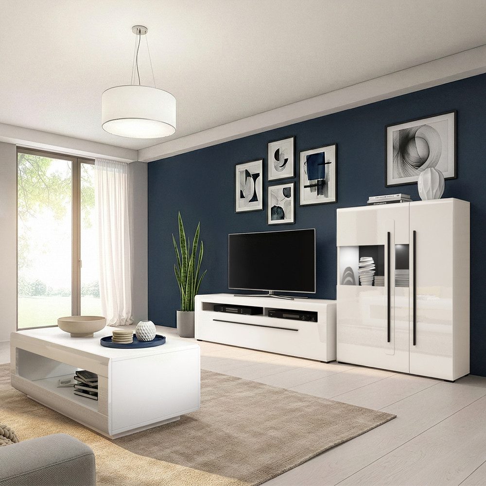 Lomadox Wohnzimmer-Set TURDA-83, (Mega-Spar-Set, 3-St., Couchtisch Highboard Lowboard Sideboard Vitrine Wandregal), weiß Hochglanz modern Metallgriffe schwarz LED Beleuchtung