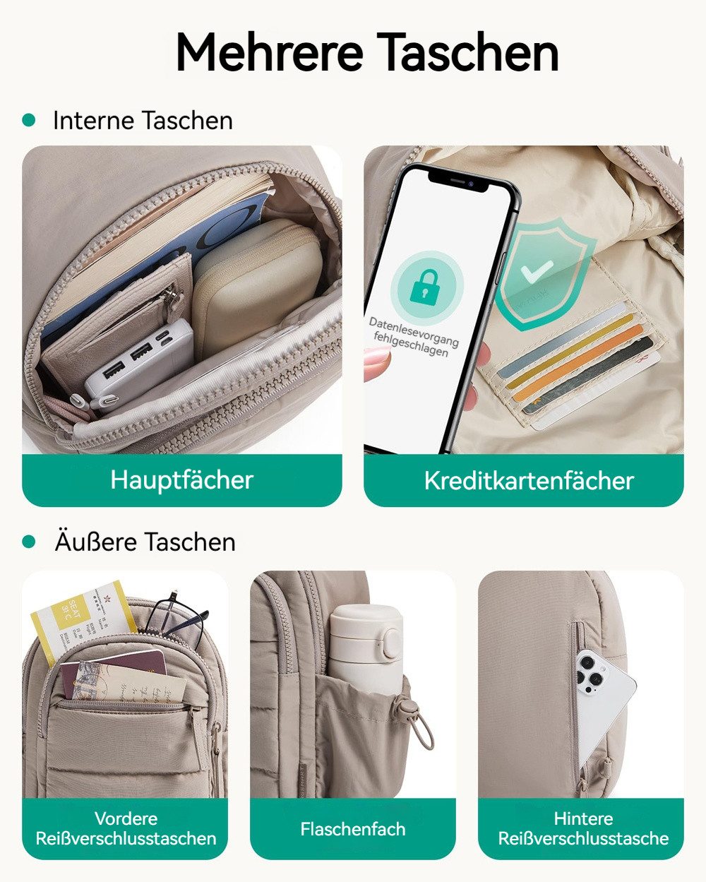 nsihing Umhängetasche Damen Crossbody Bag, Puffer Brusttasche Handytasche Zum Umhängen, Sling Bag mit RFID-Blockierung und Verstellbarer Breitem Schultergurt – Bild 4 von 5