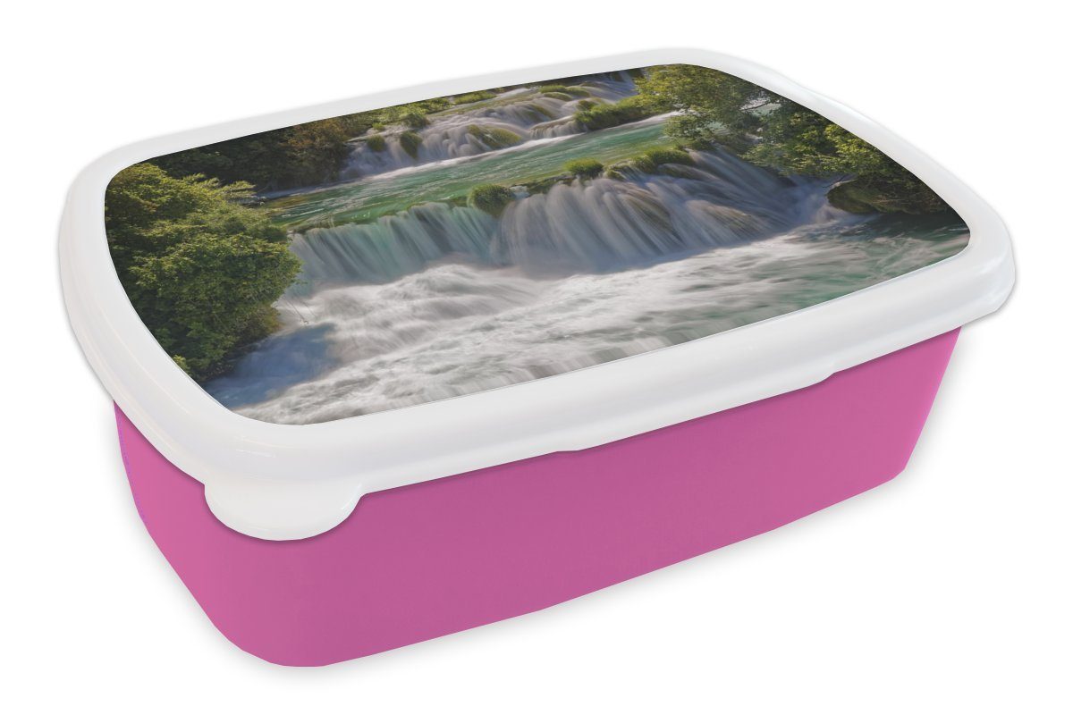 MuchoWow Lunchbox Tosende Wasserfälle in den Flüssen des Krka-Nationalparks in Kroatien, Kunststoff, (2-tlg), Brotbox für Erwachsene, Brotdose Kinder, Snackbox, Mädchen, Kunststoff rosa