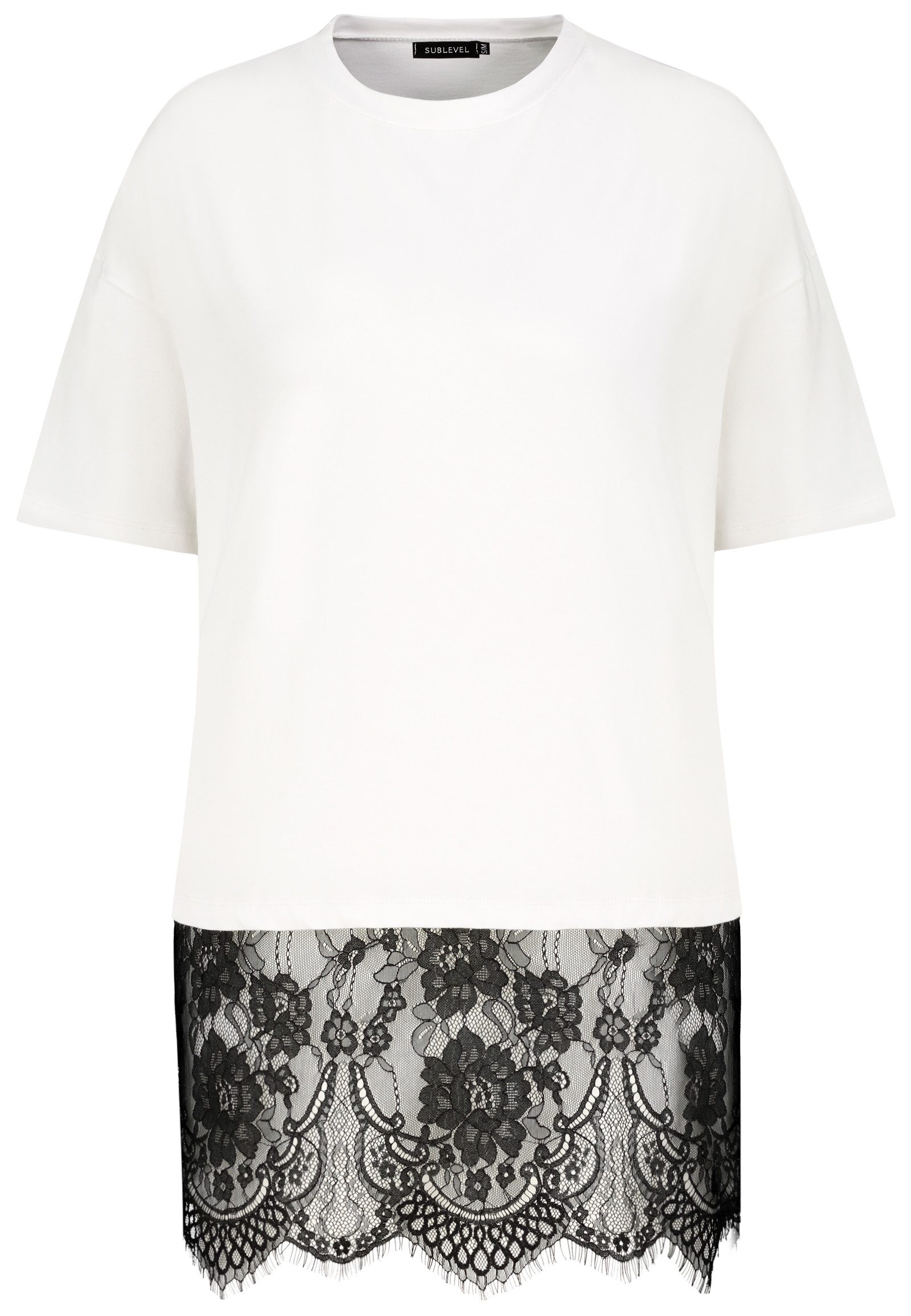 SUBLEVEL T-Shirt Damen Baumwollshirt mit Spitzensaum Basic T-Shirt mit breitem Spitzeneinsatz