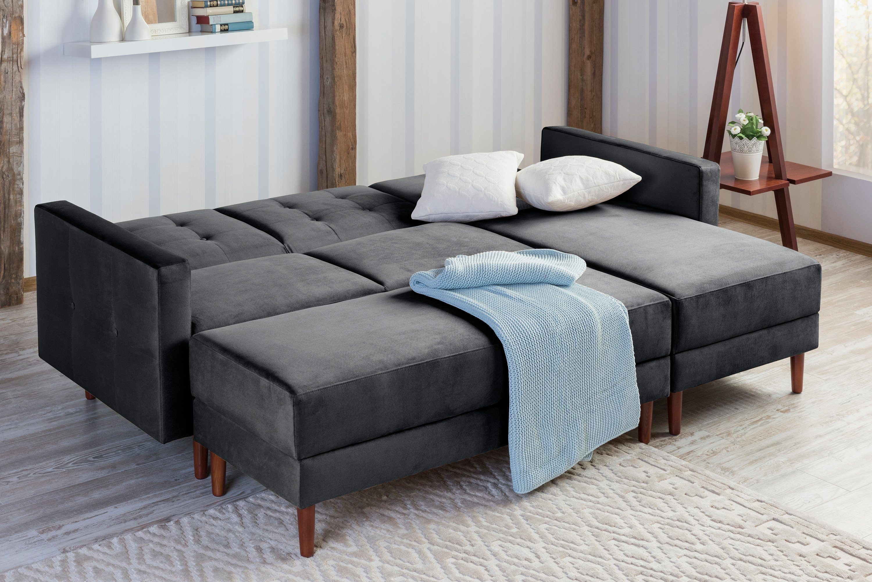Winzer® Funktionssofa mit Hocker graphit Samt Relax, Sofa Easy Max