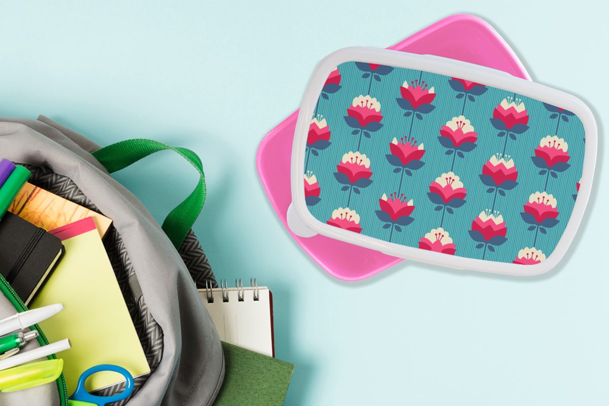 Mädchen, rosa Brotdose MuchoWow Snackbox, Lilie, Erwachsene, Kunststoff Kunststoff, - Lunchbox - Muster Retro Brotbox für Kinder, (2-tlg),