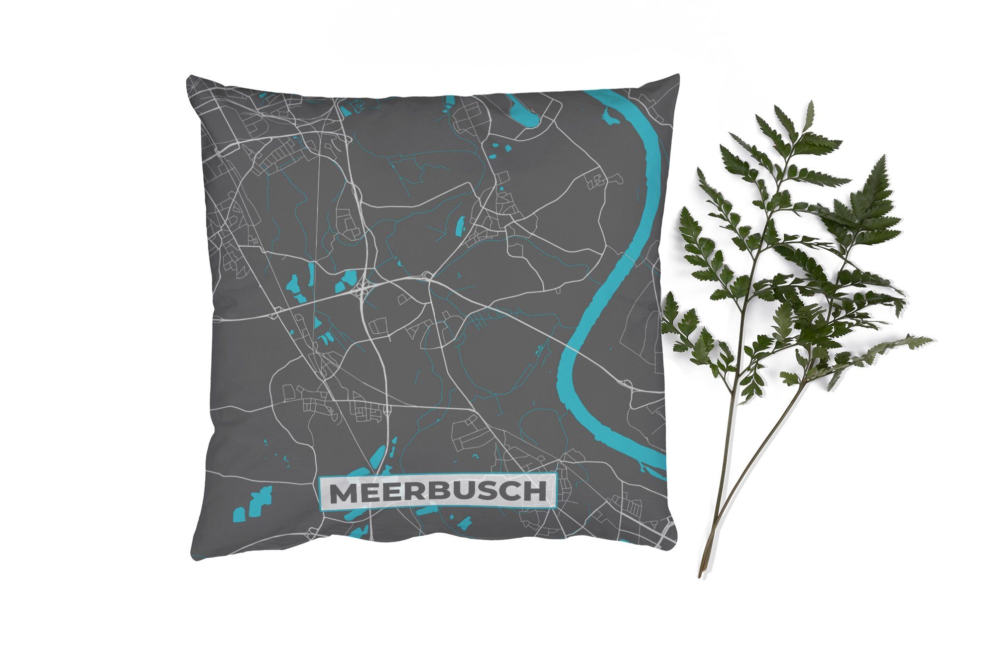 MuchoWow Dekokissen Meerbusch - Stadtplan - Blau - Karte - Deutschland, Zierkissen mit Füllung für Wohzimmer, Schlafzimmer, Deko, Sofakissen