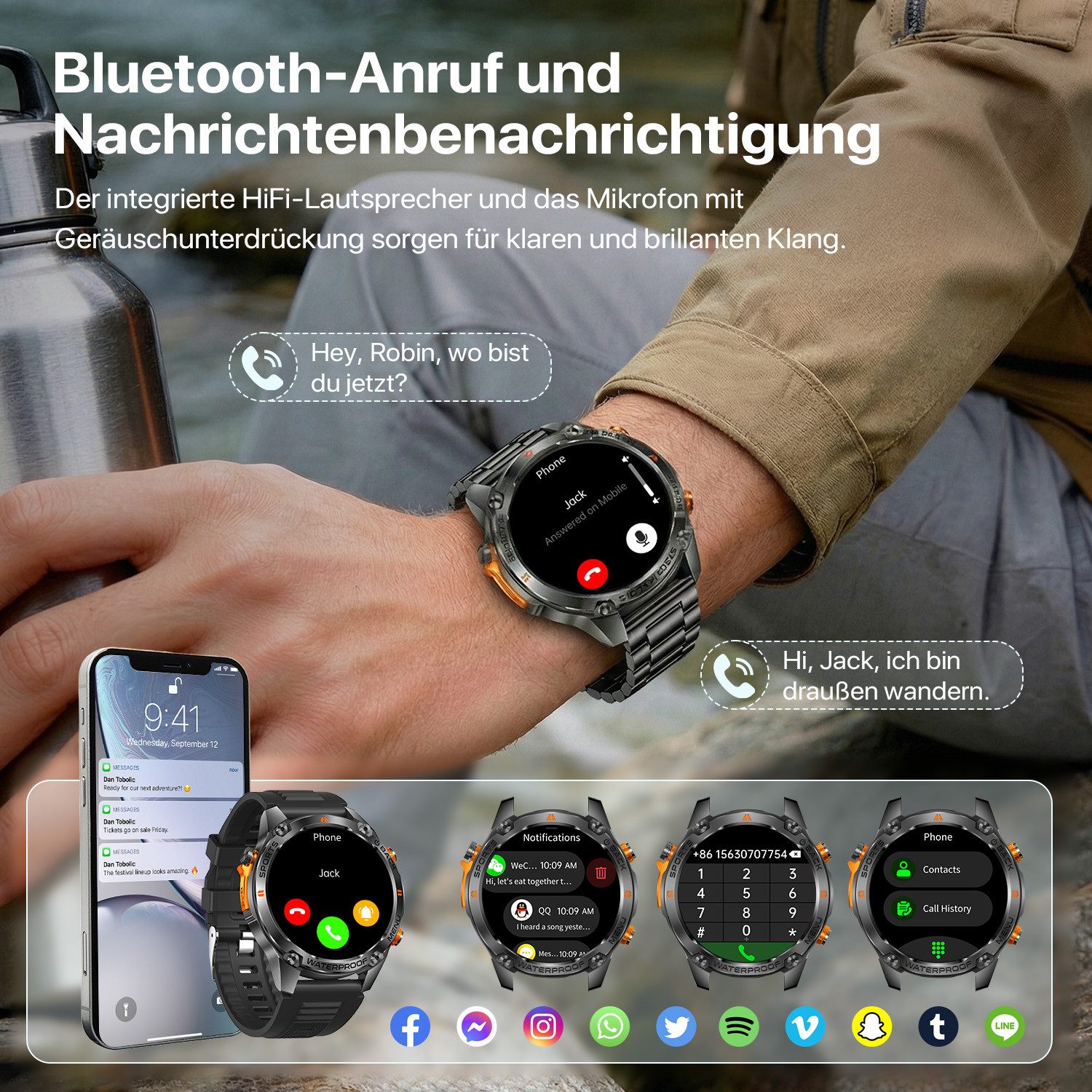 ANYSUN Smartwatch Herren Damen mit GPS, 1,43" AMOLED für den Outdoor-Einsatz Smartwatch (1,43 Zoll) Sportuhr mit 100+ Sportmodi-Puls-Schlaf-Schritte-Kalorien-Kilometer-Monitor, 5 ATM wasserdicht Fitnessuhr für Android iOS