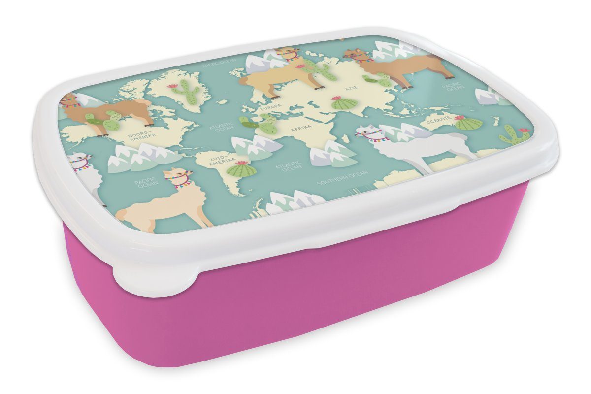 MuchoWow Lunchbox Weltkarte - Alpaka - Berge, Kunststoff, (2-tlg), Brotbox für Erwachsene, Brotdose Kinder, Snackbox, Mädchen, Kunststoff rosa