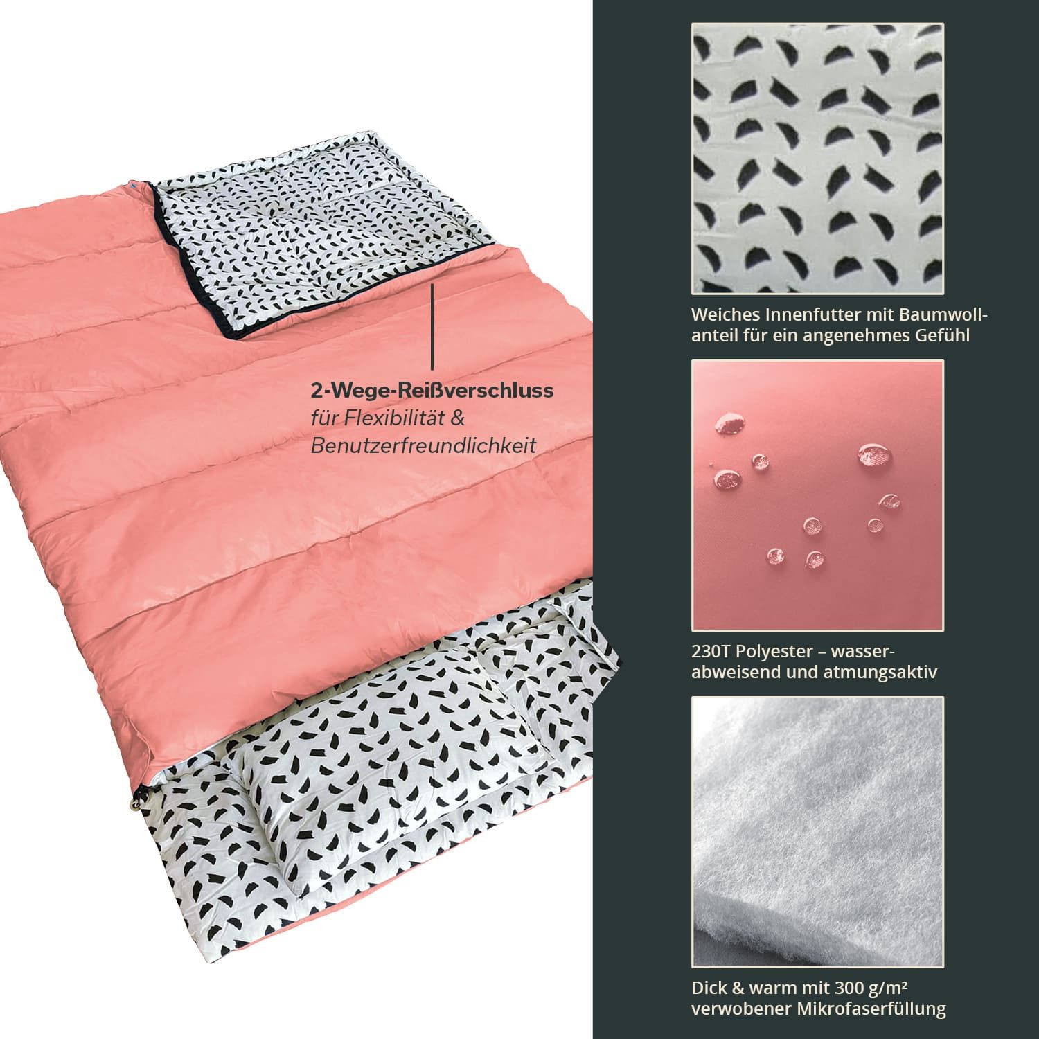 Skandika Schlafsack Iceland Double, 220 x 150 cm, als Einzelschlafsack nutzbar (2-Wege-Reißverschluss mit Kälteschutz, Stoffsteg, Webbandklemmschutz), Baumwolle, Kissen, Deckenschlafsack/Familienschlafsack