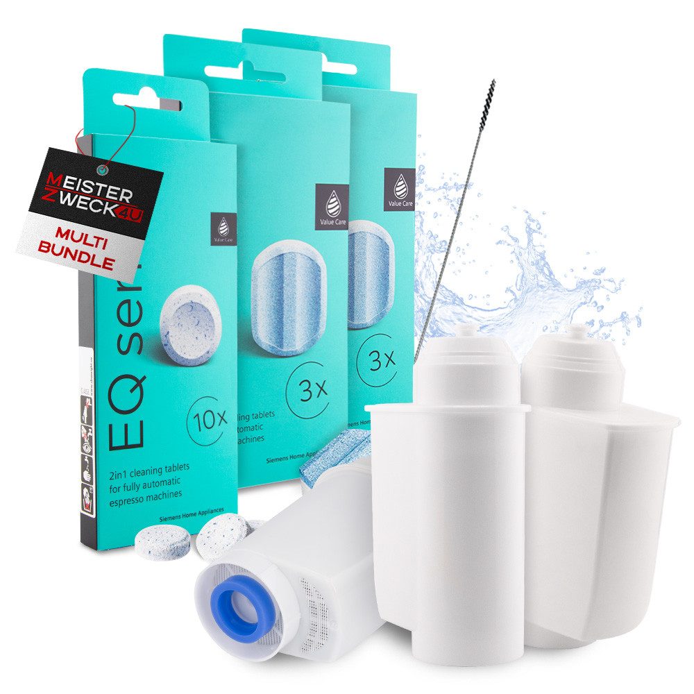 MEISTERZWECK4U Kaffeevollautomaten-Reinigungsset (Spar-Set, [1-St. 3 Filter, Siemens Reiniger (10), Siemens Entkalker (6), Bürste Pflegeset mit 3 Wasserfiltern & original Siemens Reinigung/Entkalkung)