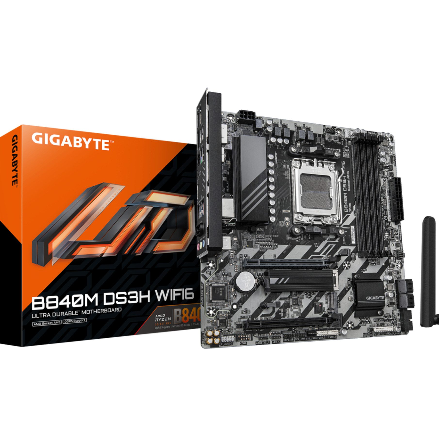 Gigabyte B840M DS3H WIFI6 Mainboard – AMD Ryzen 9000 Prozessoren, 8+2+2 Phasen Mainboard, Wi-Fi 6 (802.11ax)