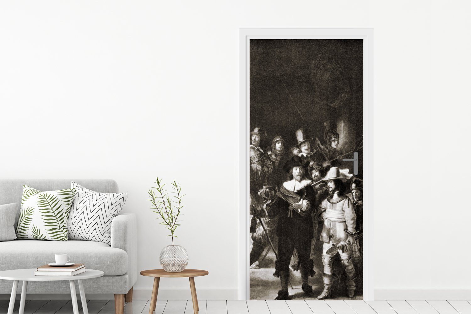 Die Rembrandt Fototapete (1 Weiß - Schwarz cm Rijn, Tür, und bedruckt, St), für Nachtwache Türaufkleber, in 75x205 Matt, van Türtapete MuchoWow