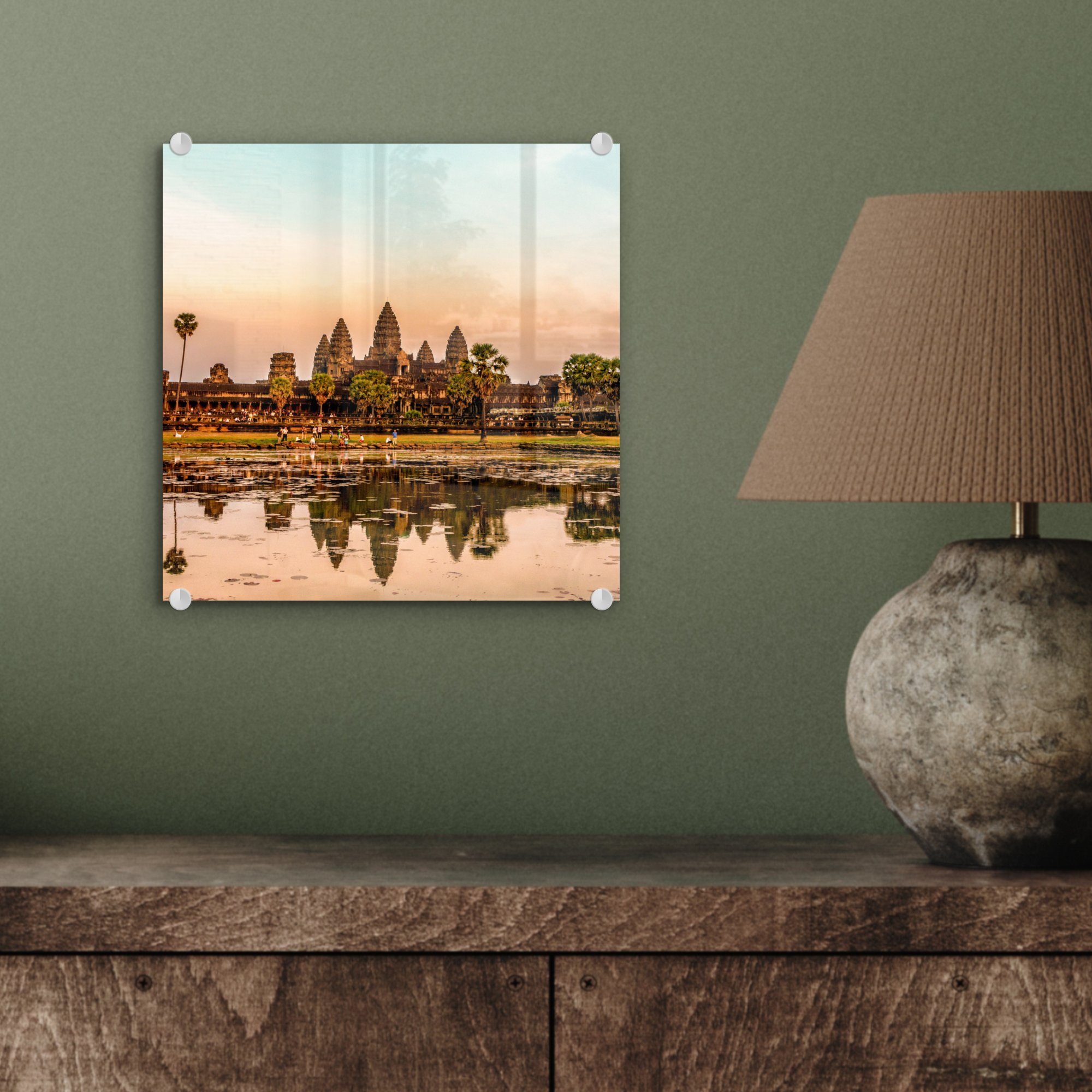 MuchoWow Acrylglasbild Sonnenuntergang Glas (1 Foto Angkor - auf Wandbild St), auf Wat, Glas - über Bilder Wanddekoration Glasbilder 