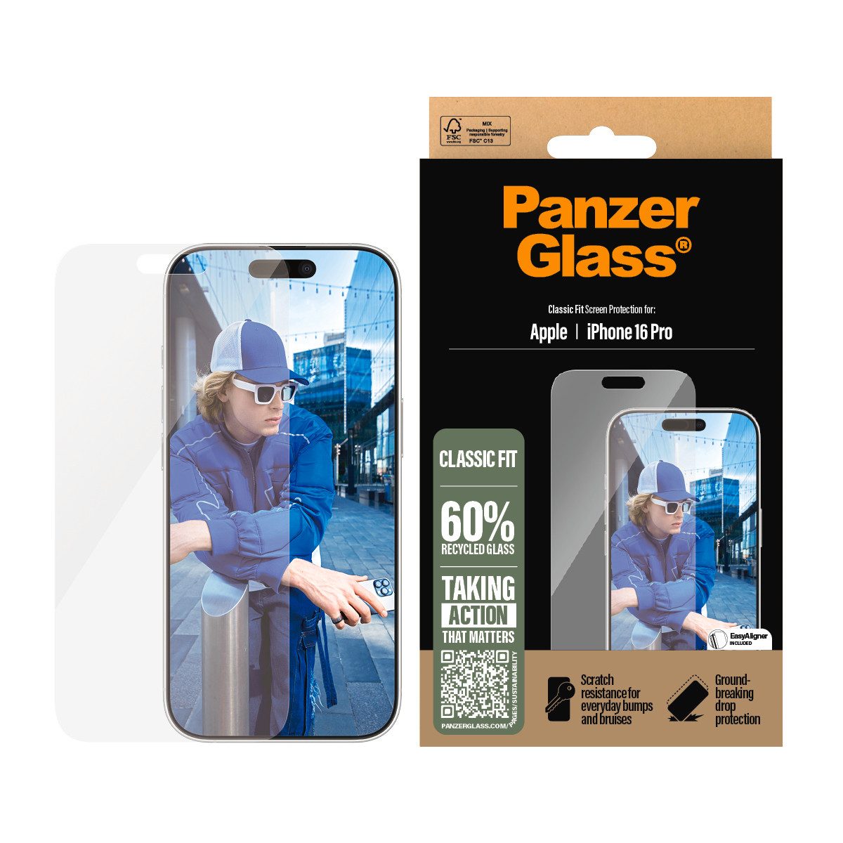 PanzerGlass Displayschutzglas Classic Fit Screen Protection für Apple iPhone 16 Pro, Displayschutzfolie, Schutzfolie, Bildschirmschutz, kratz- & stoßfest