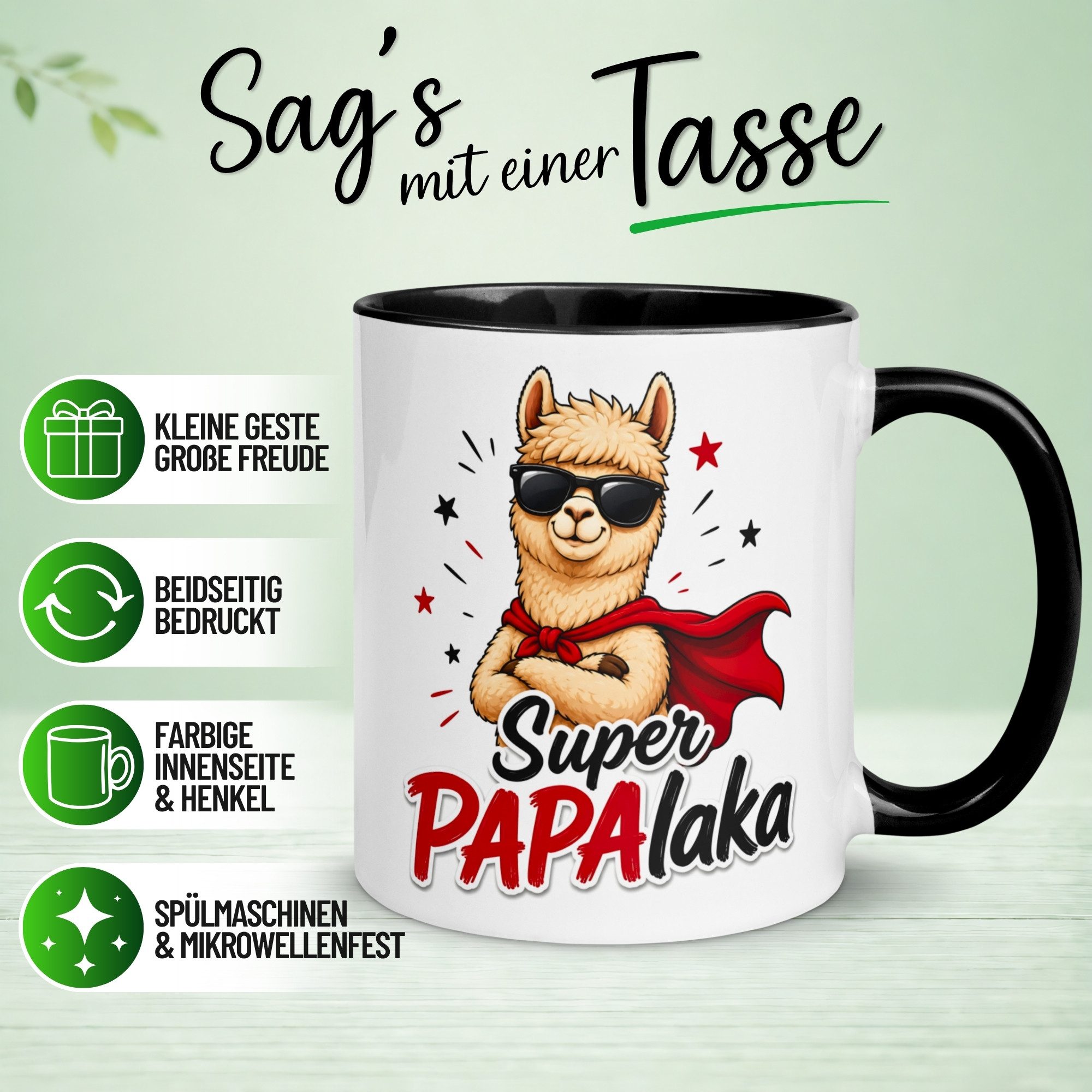 Momentals Tasse Alpaka – „Super PAPAlaka“ – lustiger Geschenk Becher Papa Dad Vater, Gratis Versand · Links-&Rechtshänder · Spülmaschinenfest