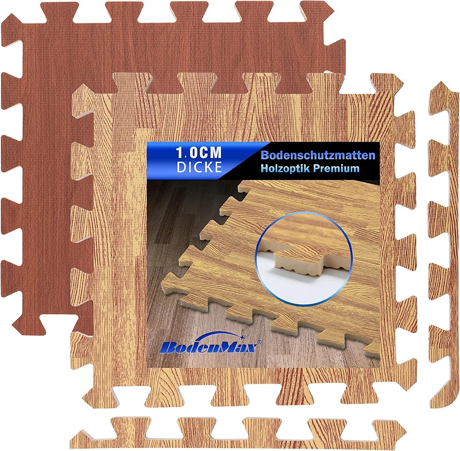 BodenMax Bodenturnmatte BodenMax Holzoptik EVA Gymnastikmatte rutschfest, 18,36,54,108 Stücke 18stück=1.66m² Helle Holzoptik