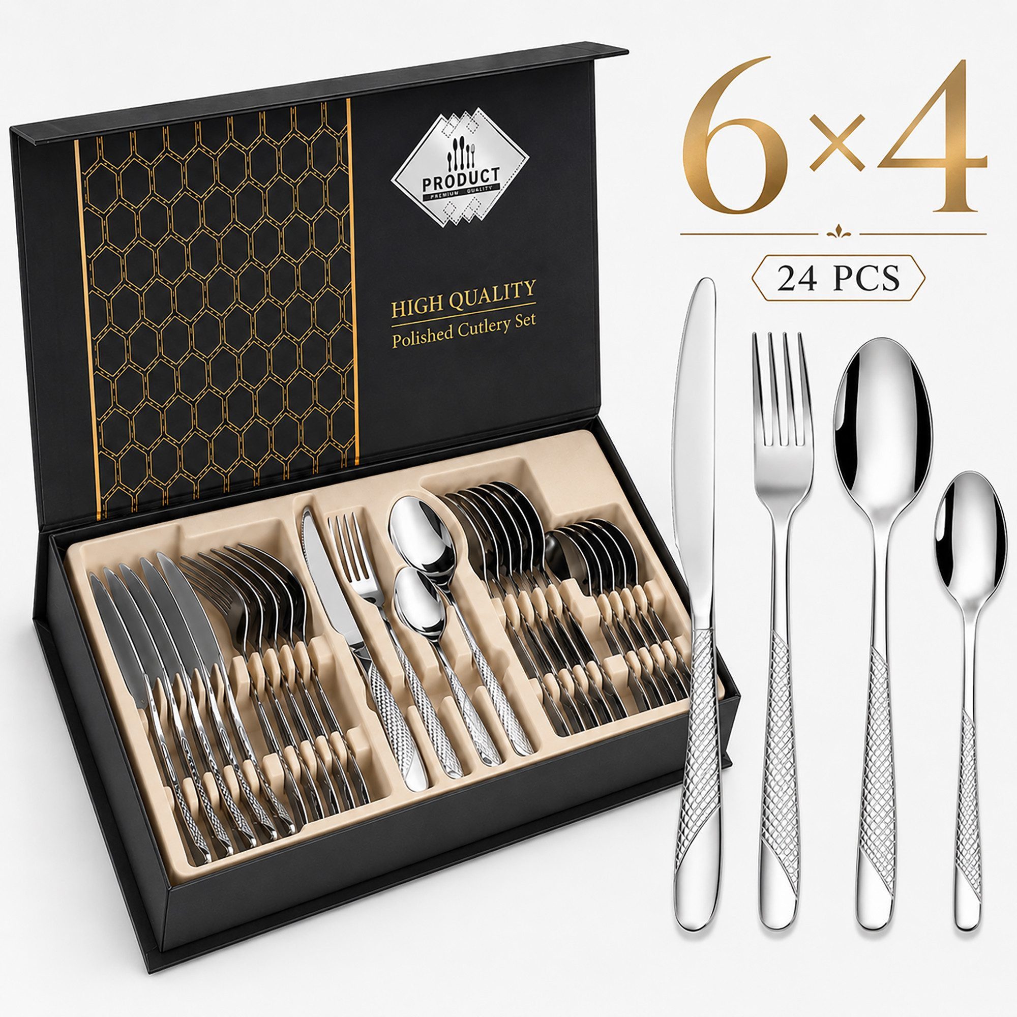 Fyrove Besteck-Set Besteck Set 24-teilig Edelstahl Besteckset,modernes Silber Essbesteck, 6 Personen, mit Messer, Gabel, Löffel & Teelöffel, spülmaschinenfest, Geschenkbox