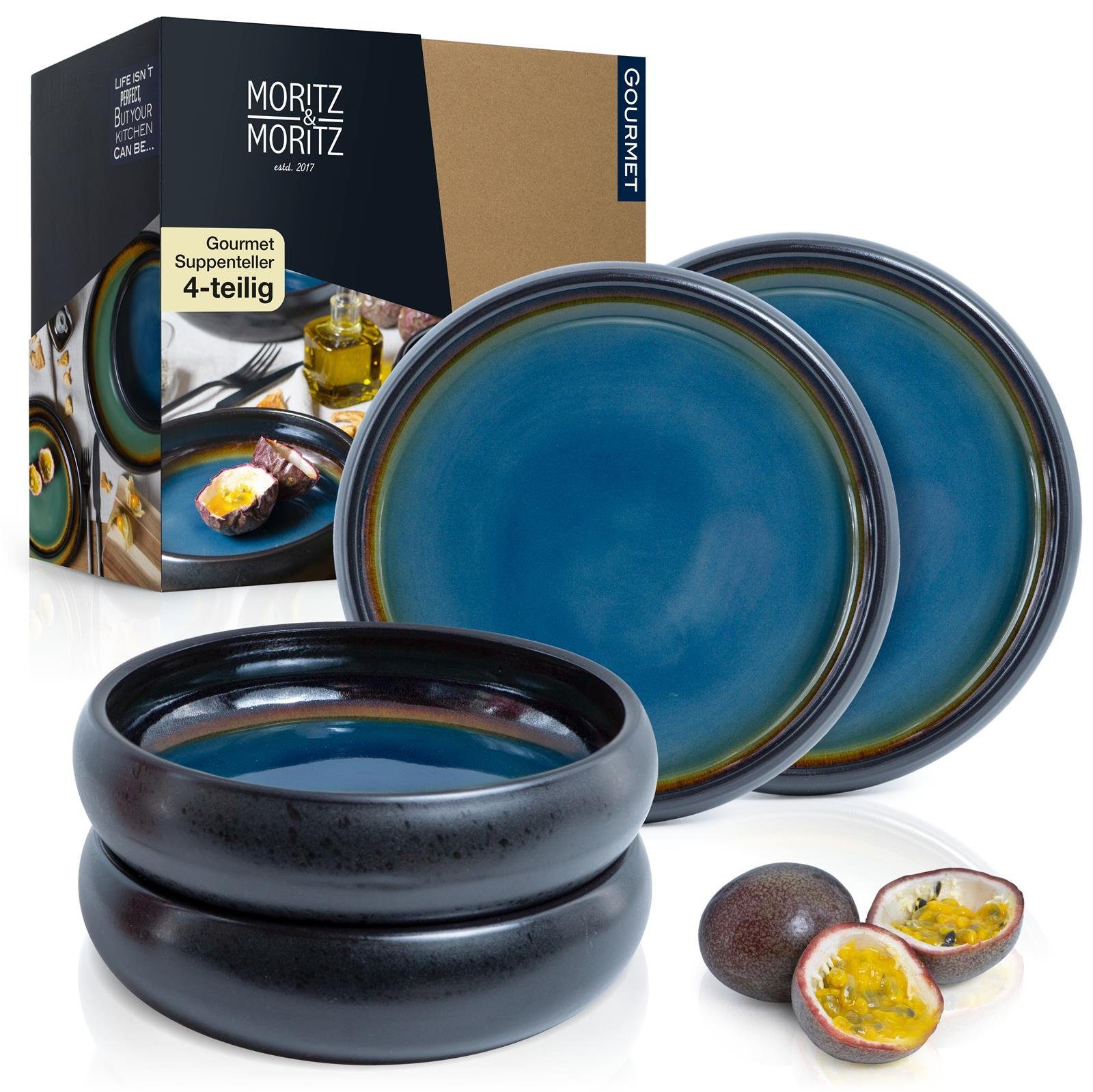 Moritz & Moritz Suppenteller Moritz & Moritz 4tlg Suppen Teller Blau-Braun Geschirr Set Reaktiv, (4 St), Bowl Schüssel für Suppe, Nudeln, Salat oder Müsli