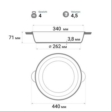 4BIG.fun Bratpfanne Ø34cm Gusseisenpfanne Gusseisen Bräter Schmortopf, Gusseisen (Servierpfanne / Schmorpfanne mit Deckel aus Gusseisen), abschraubbarer Griff, Induktion