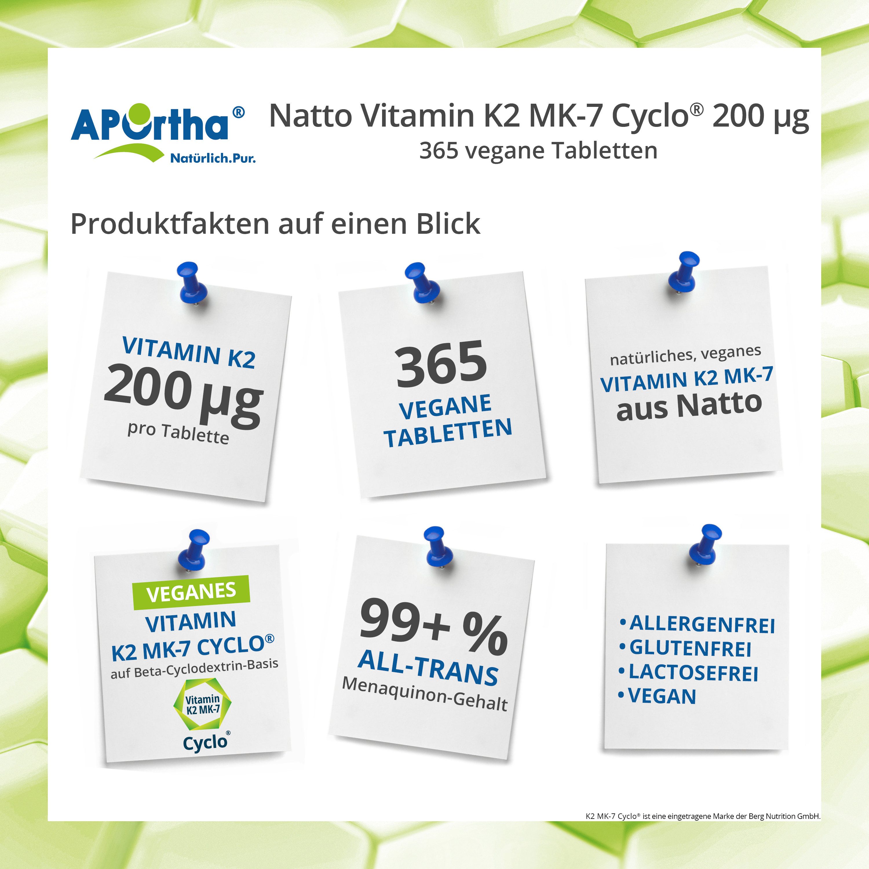 APOrtha APOrtha® Natto Vitamin K2 MK-7 Cyclo® 200 µg - 365 vegane Tabletten, 73 g