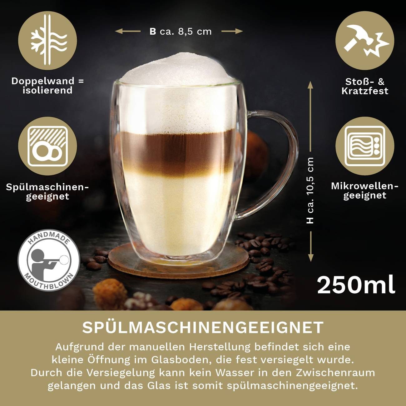 Creano Teeglas Thermoglas “hoch” mit Henkel 250ml 6er-Set, Borosilikatglas, 6 Gläser