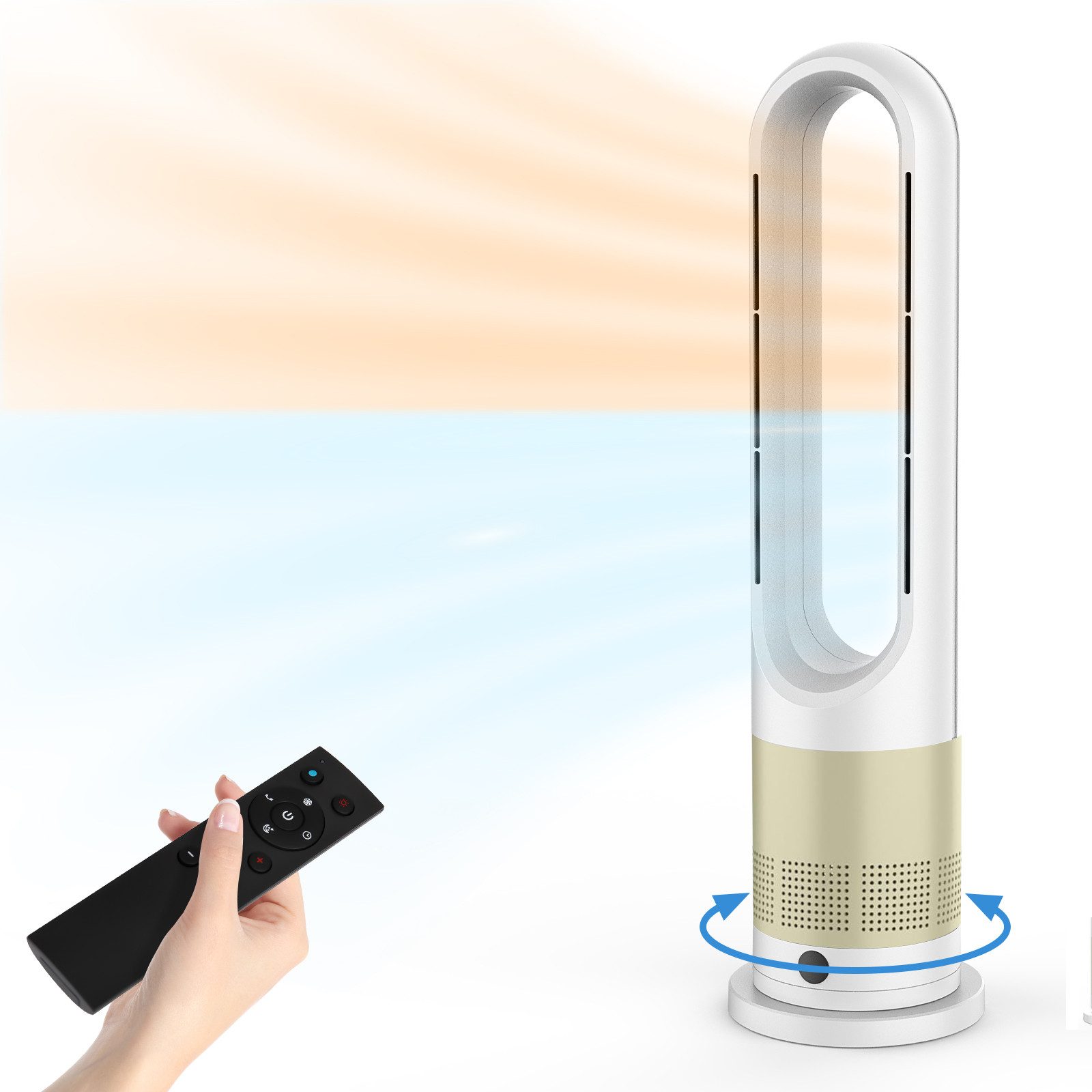 Rebonique Turmventilator Rotorlos Ventilator mit Kühlung/Heizen/Luftkühler sehr Leise, 8 Stufen, LED-Anzeige, Fernbedienung, 80° Oszillation, 9H Timer